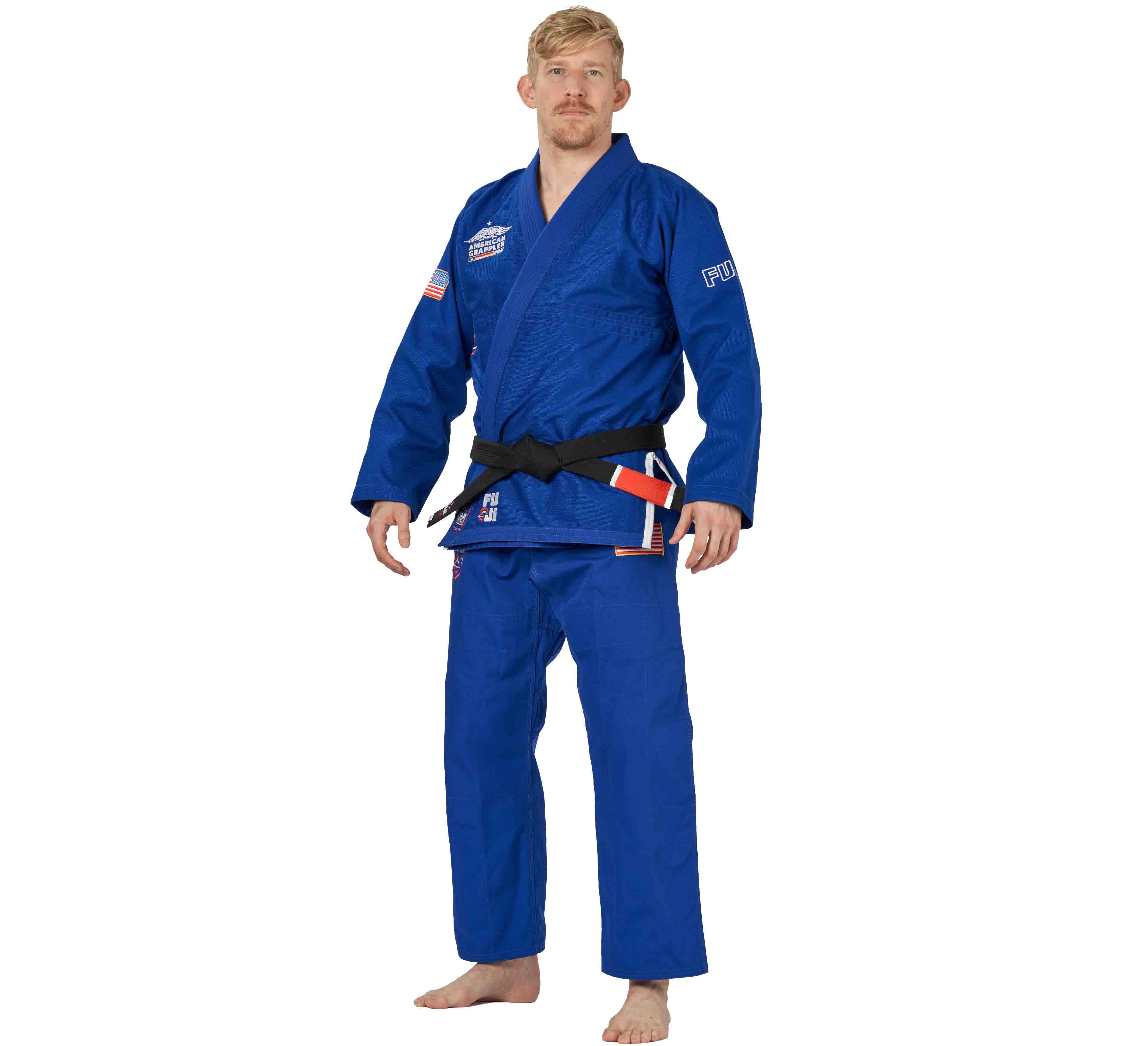 A man wearing the Suparaito BJJ Gi American Grappler Blue.