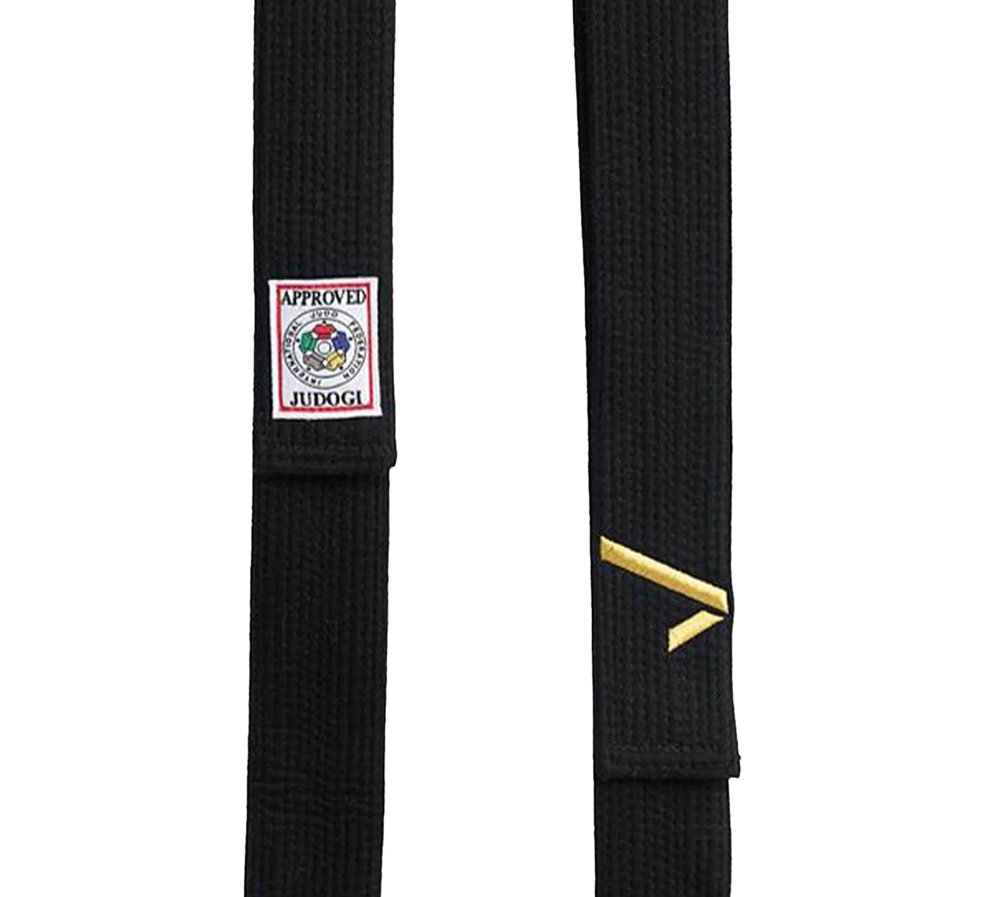 The Ippon Gear IJF Black Belt features a patch labeled APPROVED JUDOGI with a colorful emblem and has a gold-embroidered mark on the belt, all set against a white background.