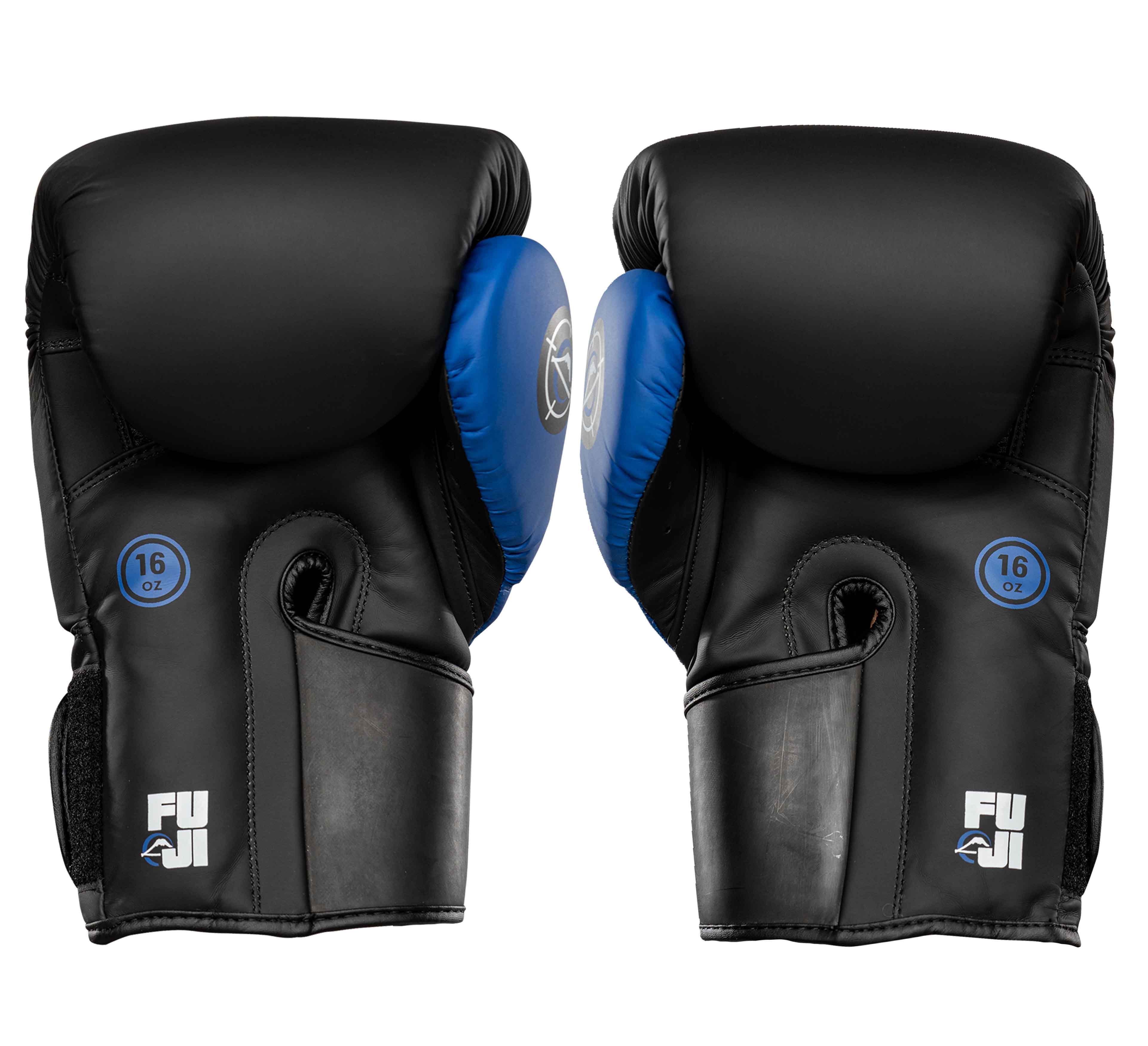 A pair of Precision Boxing Gloves Blue, labeled 16 oz, are shown facing forward with the brand logo on each cuff and blue thumb padding.