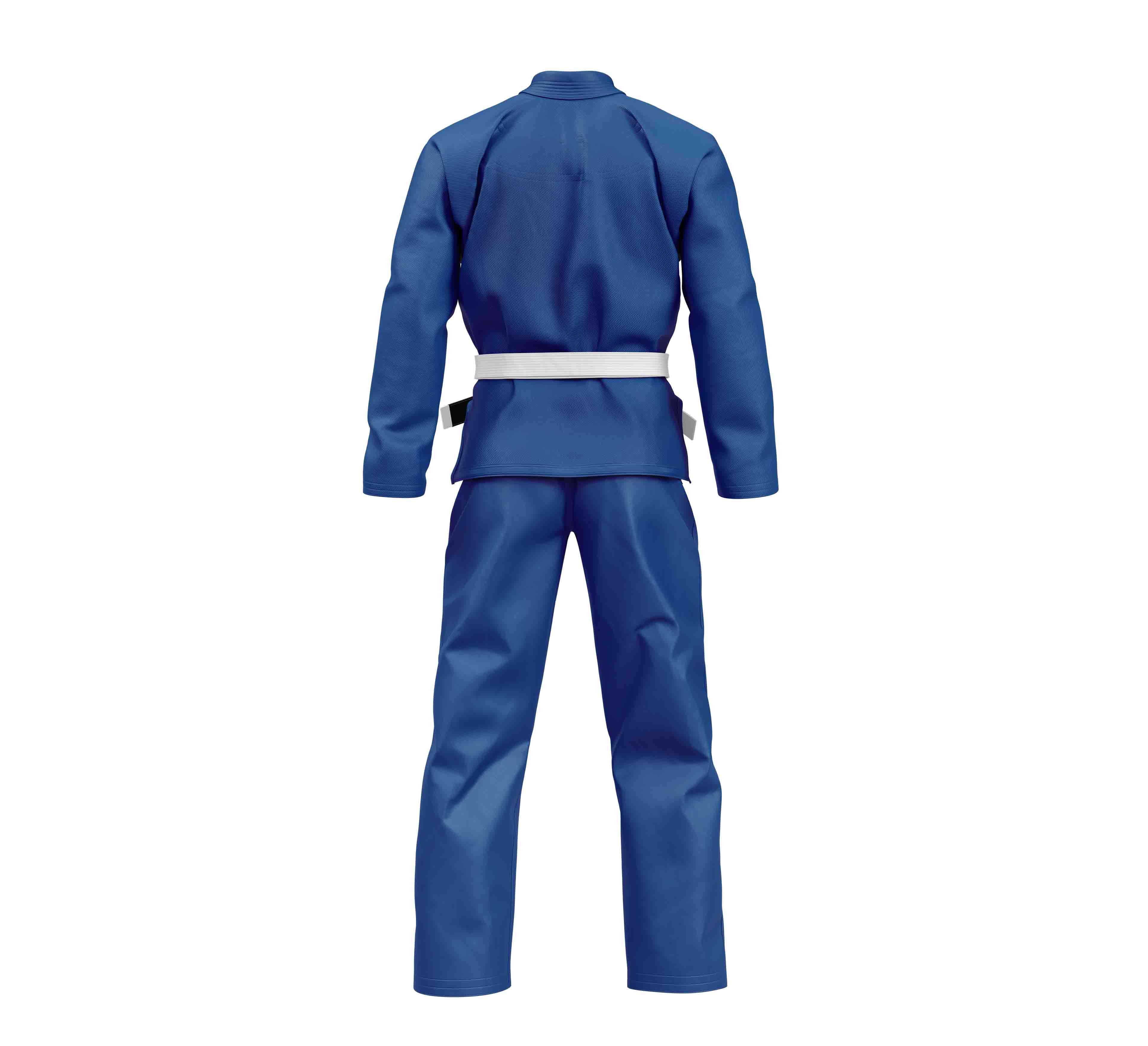 A child wearing the Starter Kids BJJ Gi Blue with a white belt stands facing away from the camera against a plain white background.