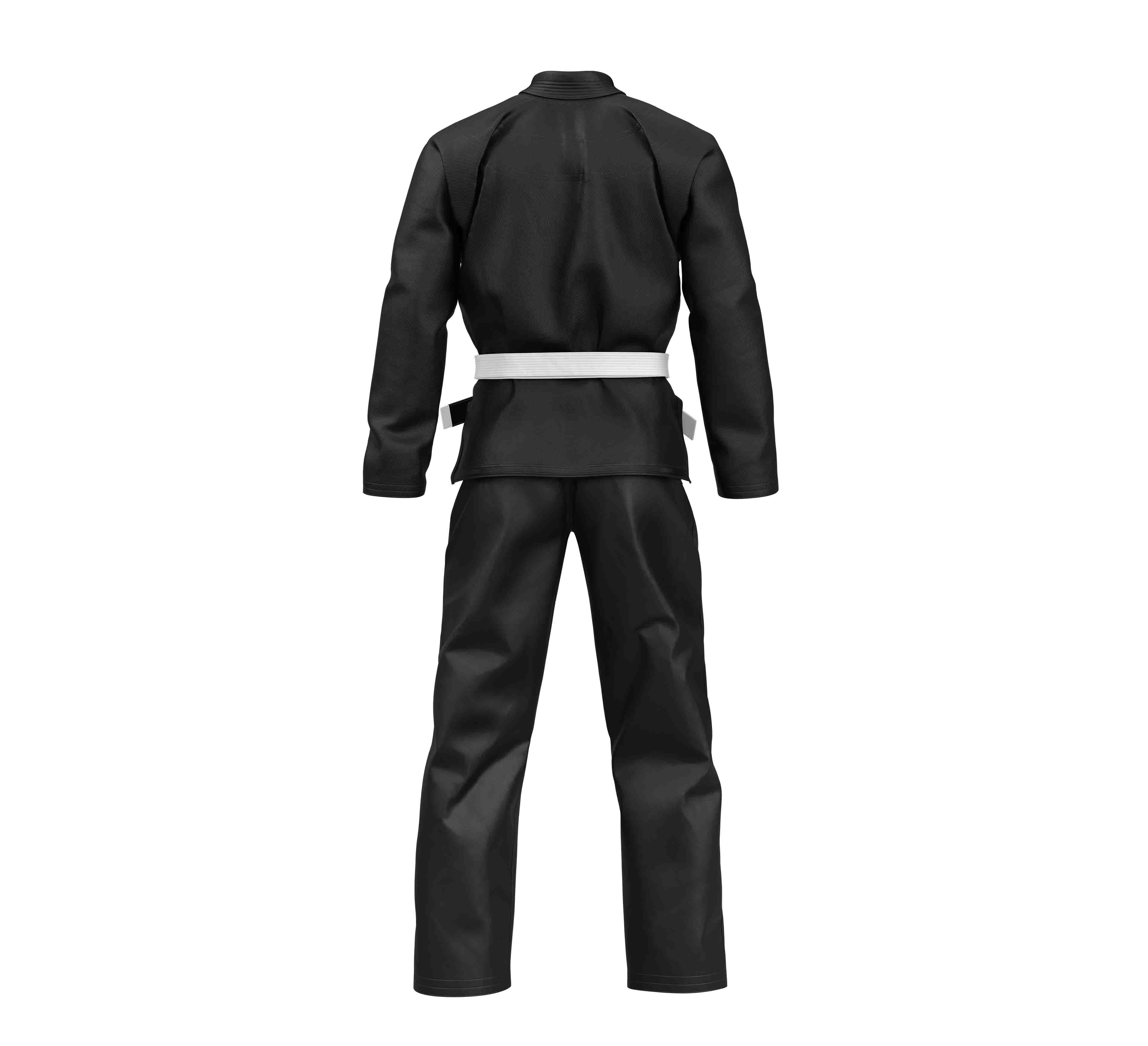 The Starter Kids BJJ Gi Black, shown from the back on a white background, includes a black jacket and pants with a white belt.
