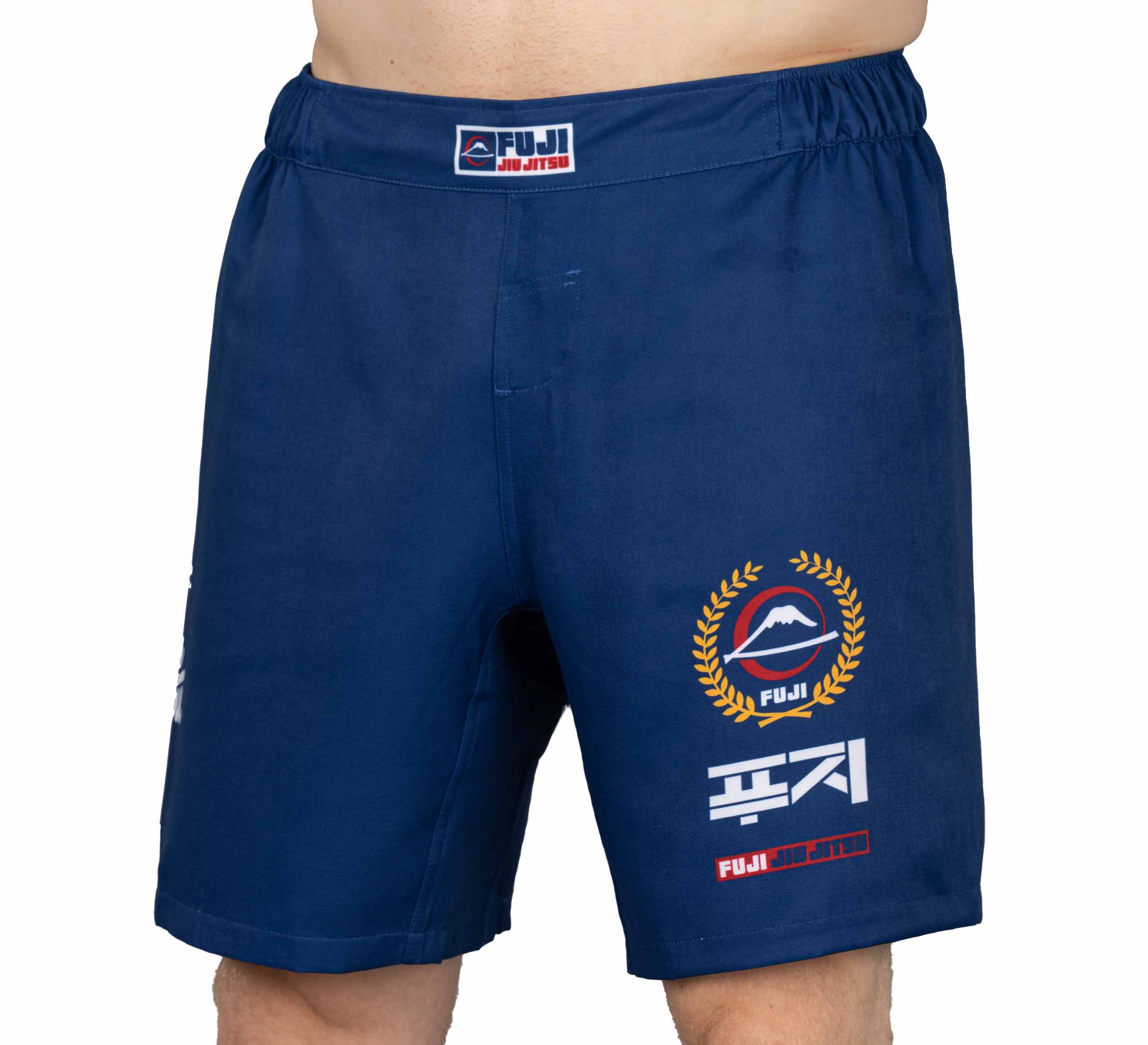 A person wearing FUJI XTR Extreme Grappling Fight Shorts Navy, featuring logo patches with a mountain graphic, laurel wreath, and English/Korean text, shown from waist to mid-thigh.