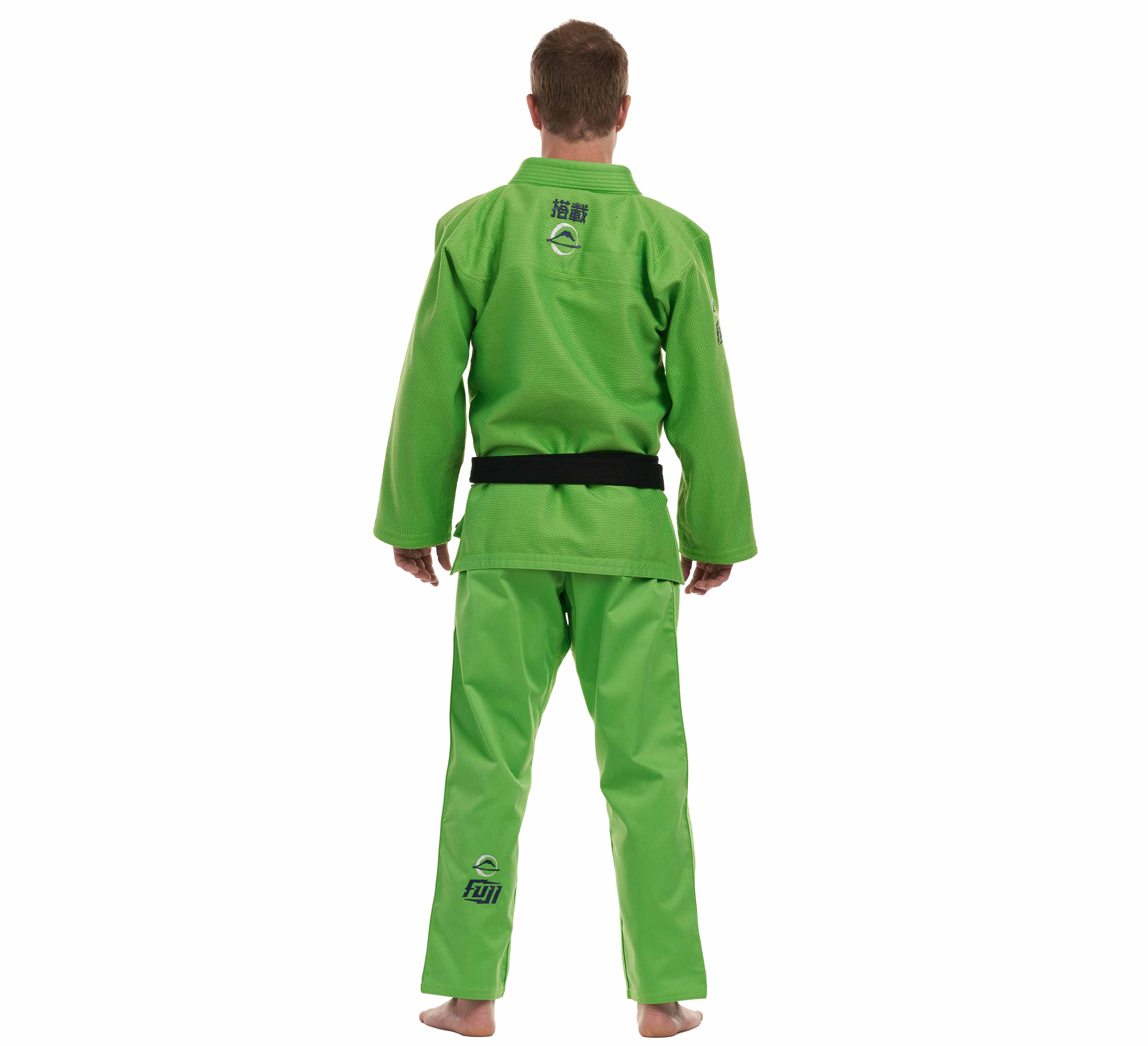 A person stands barefoot with their back to the camera, wearing the All Around BJJ Gi Electric Green Edition and a black belt against a plain white background.