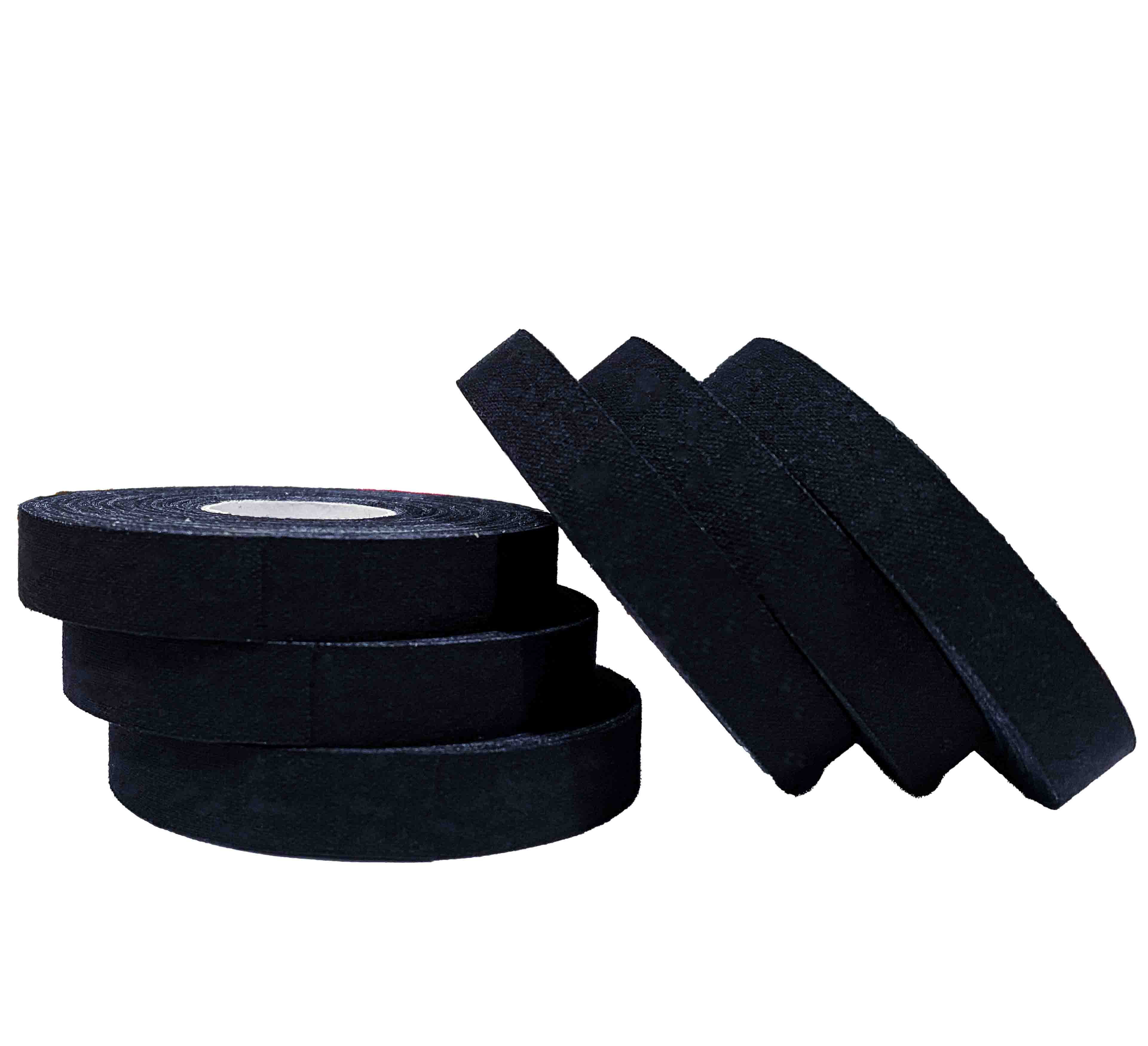 Five rolls of Black Finger Tape are stacked horizontally on the left, while four more stand upright and angled to the right, all set against a white background.