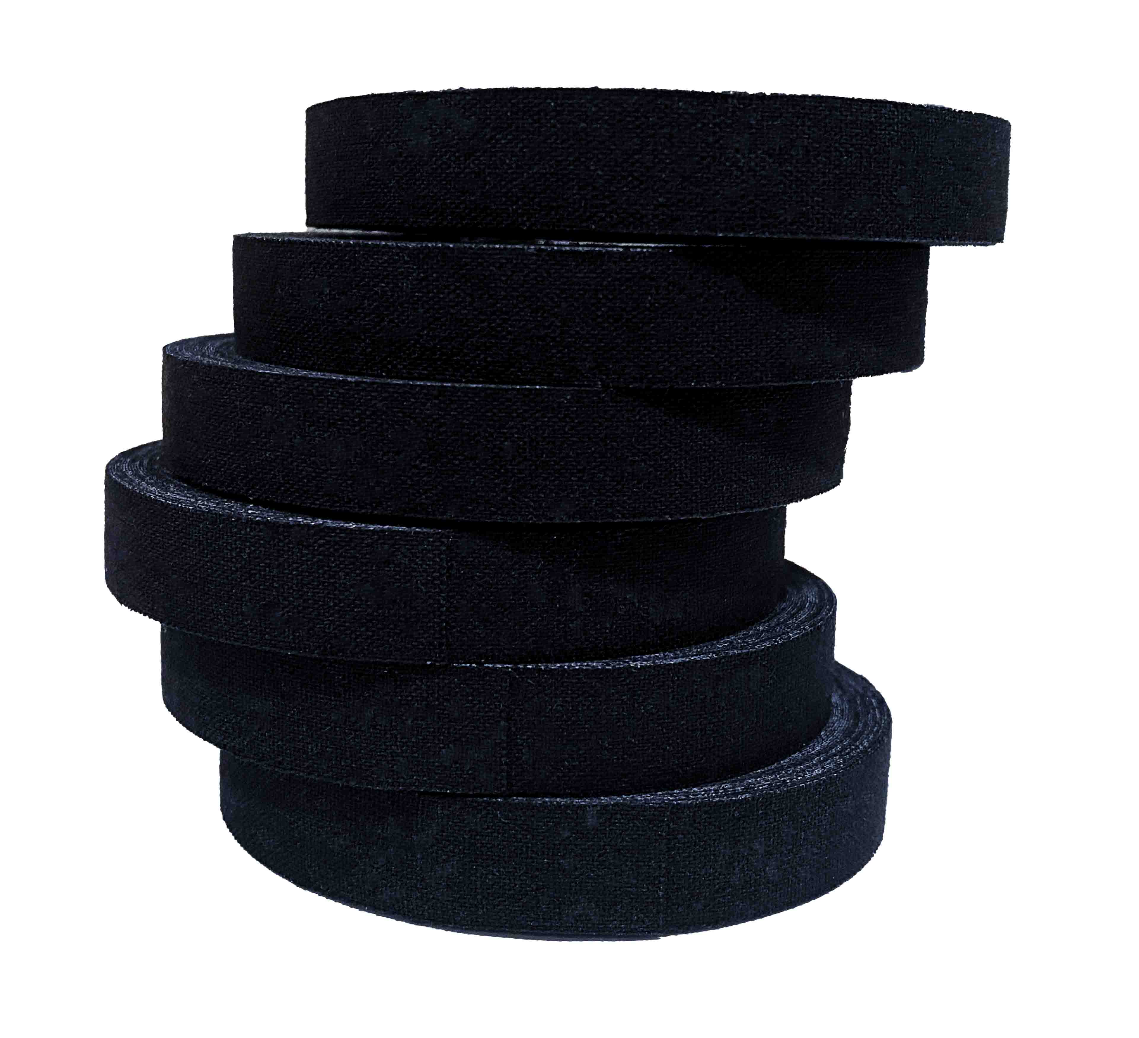 Seven rolls of Black Finger Tape are stacked in a slightly off-center spiral formation against a white background.