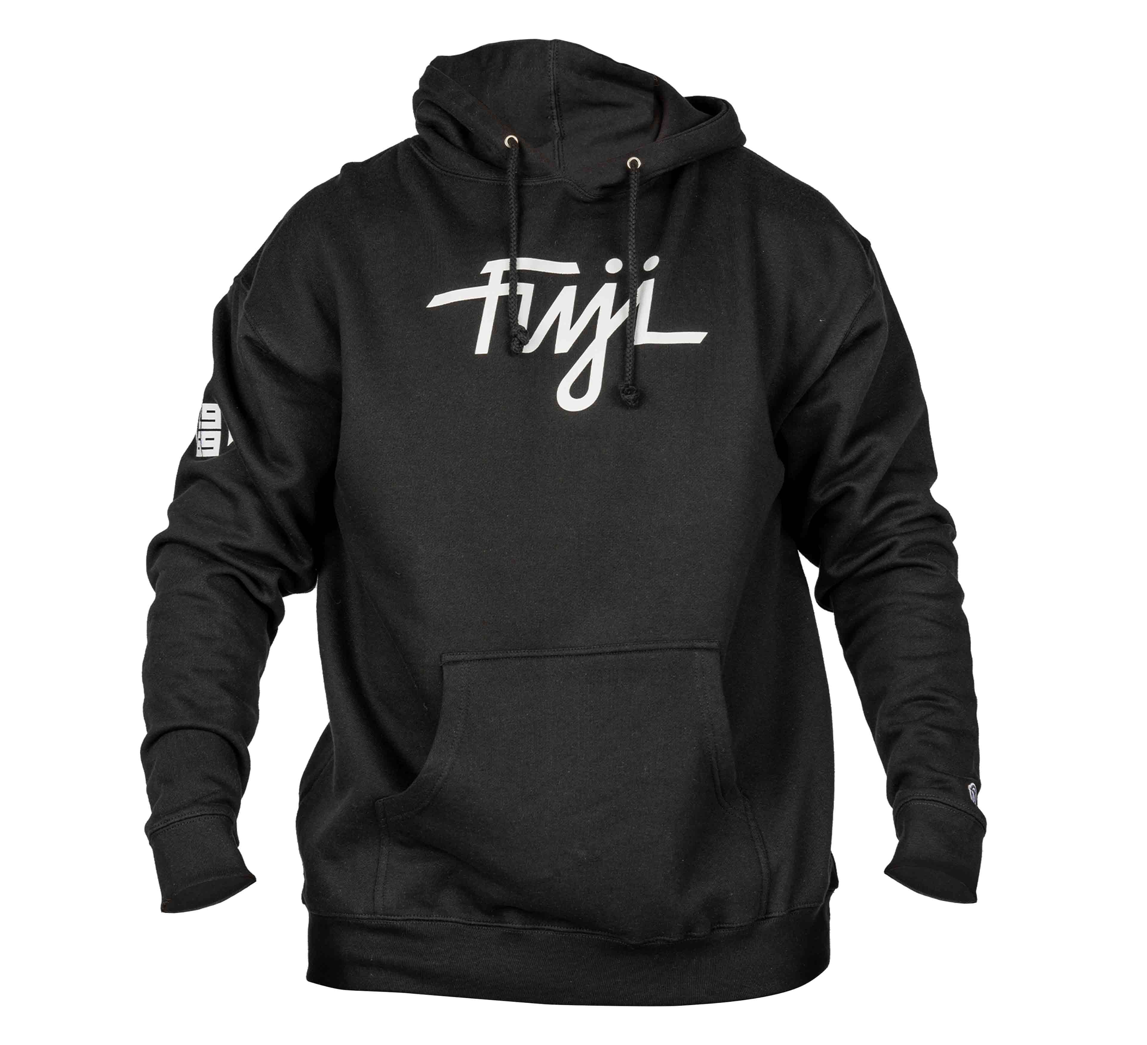 The Midnight Collegiate Pull Over Hoodie features a black design with a front pocket, "Fuji" in white script across the chest, and a small white emblem on the right sleeve. Unisex sizing available.