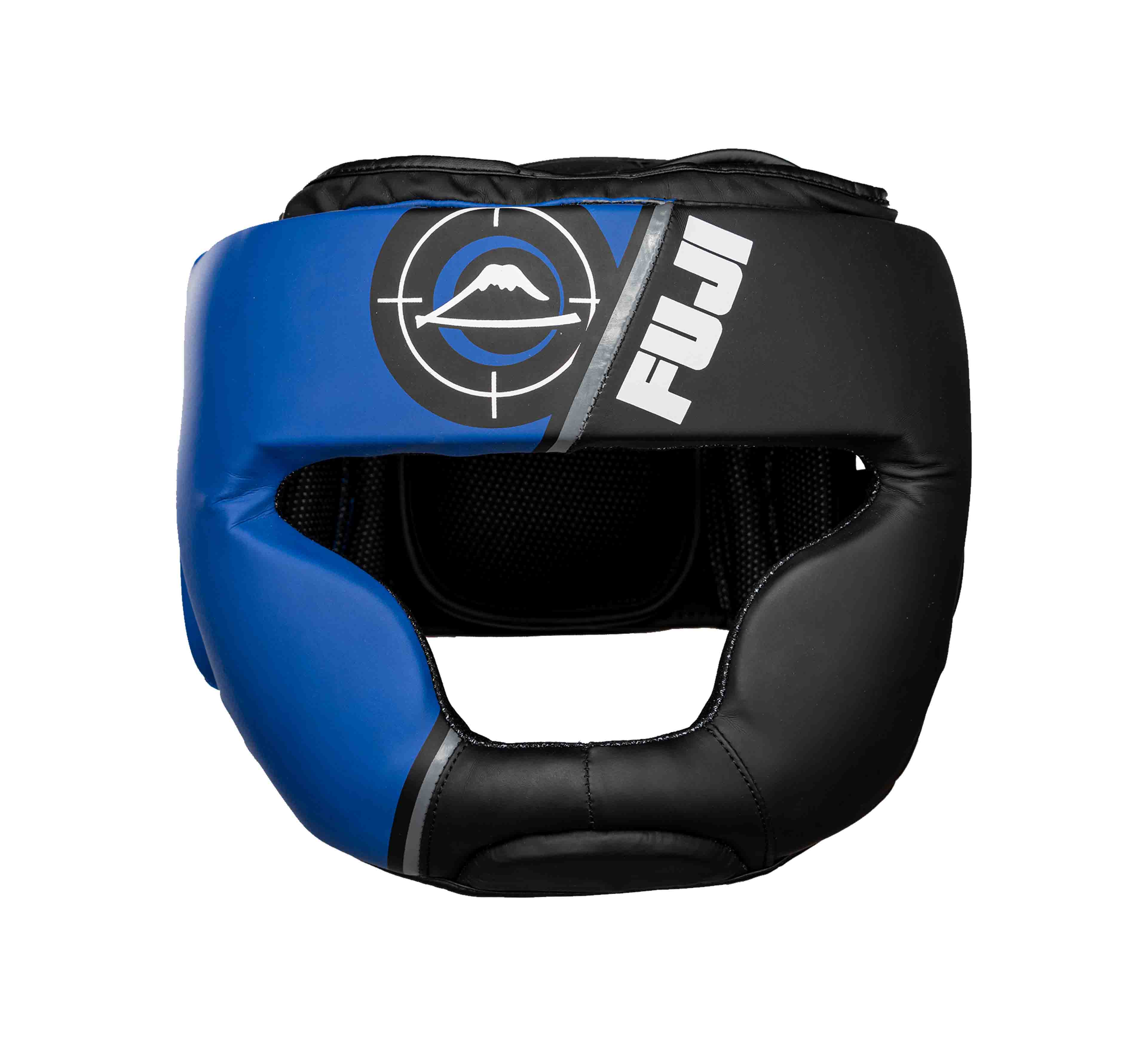 The Precision Striking Headgear by FUJI is a blue and black martial arts headgear featuring a white FUJI logo and mountain graphic, designed for head protection in combat sports.