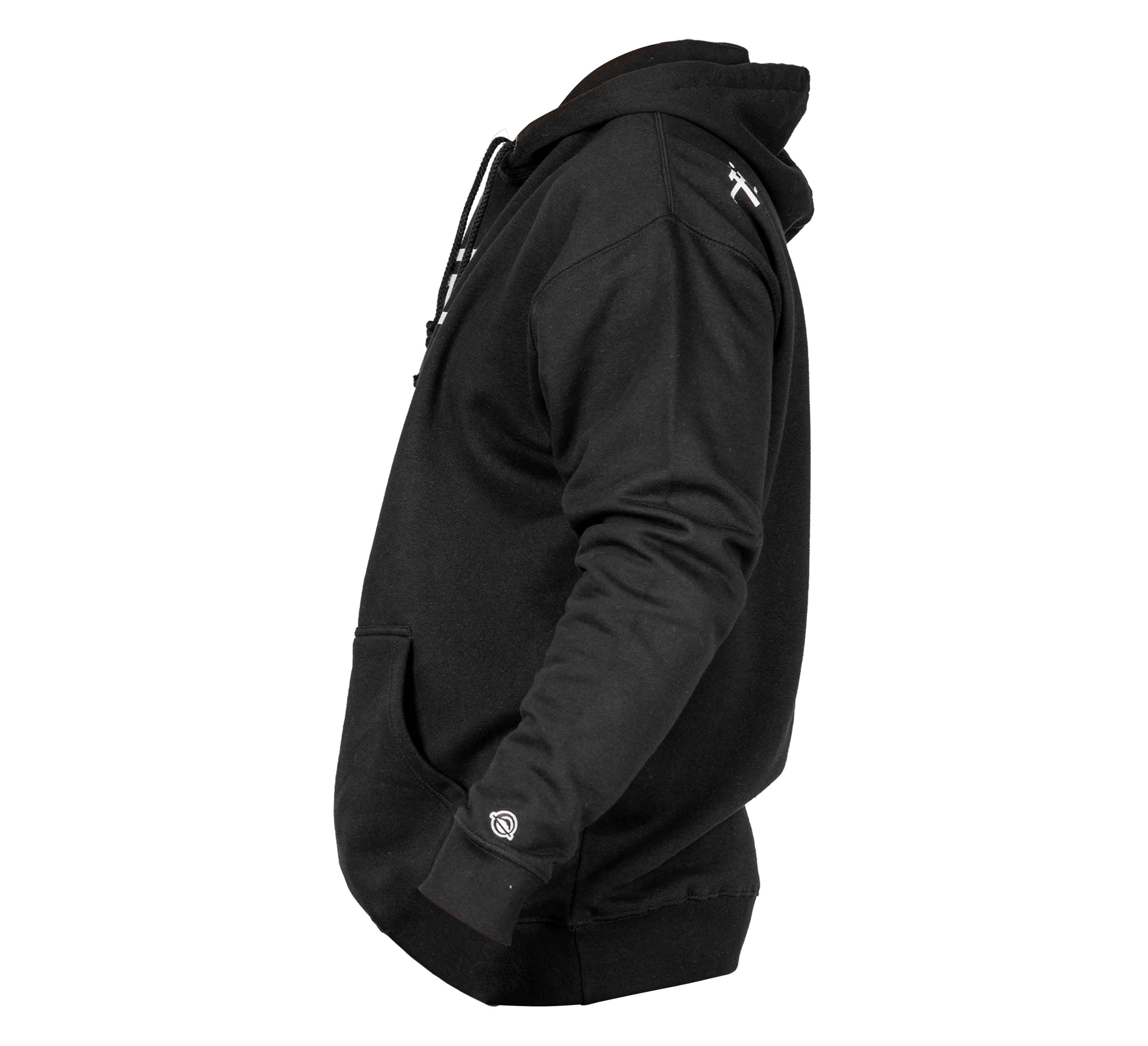 Side view of a person wearing the Midnight Collegiate Pull Over Hoodie, featuring a plain black design with a front pocket, drawstrings, and small white logos on the sleeve and shoulder, set against a white background.