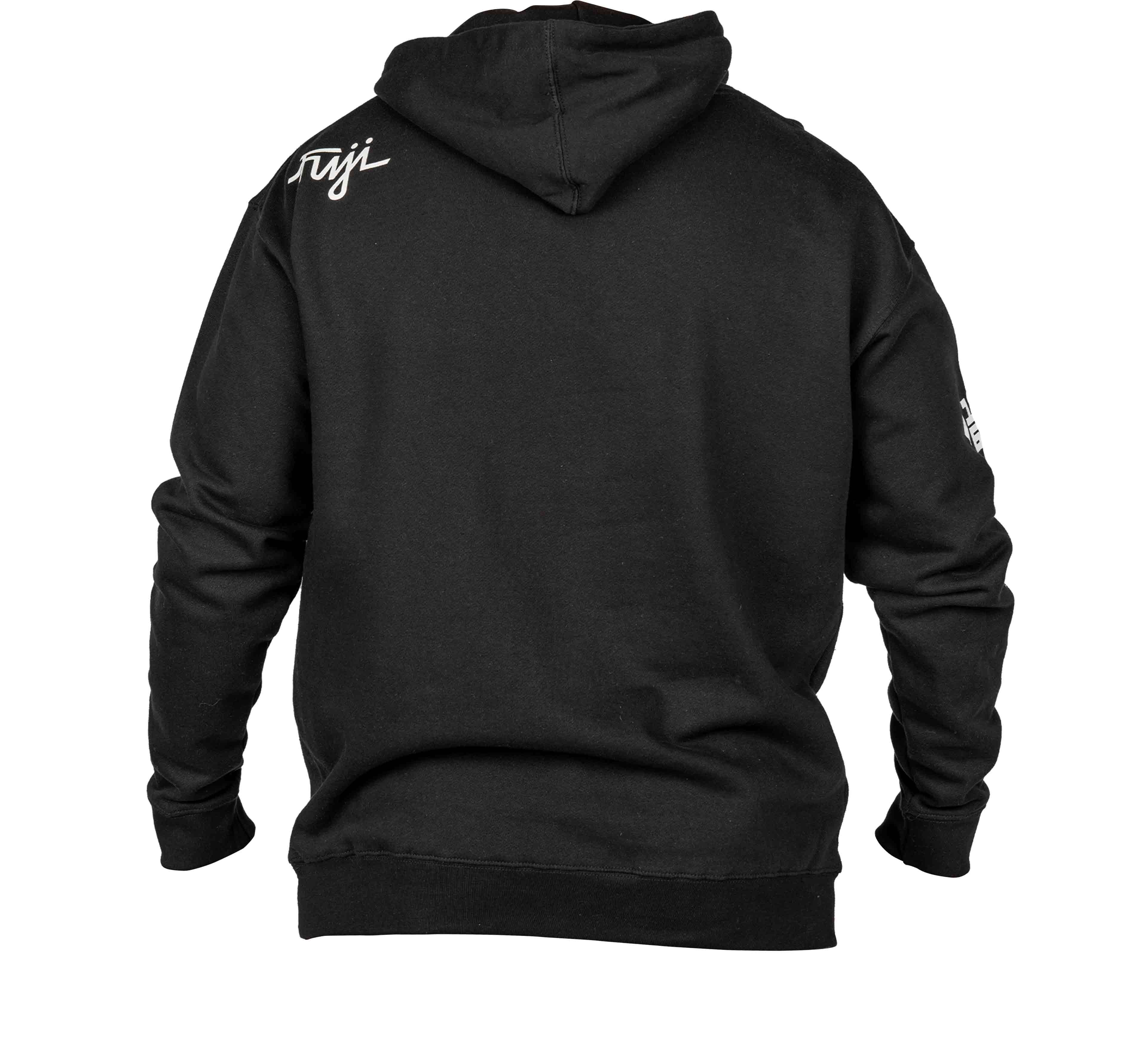 A person is shown from the back wearing the Midnight Collegiate Pull Over Hoodie (Unisex Sizing) in black, featuring white script on the upper left shoulder and sleeve. The hood is up but not covering their head.