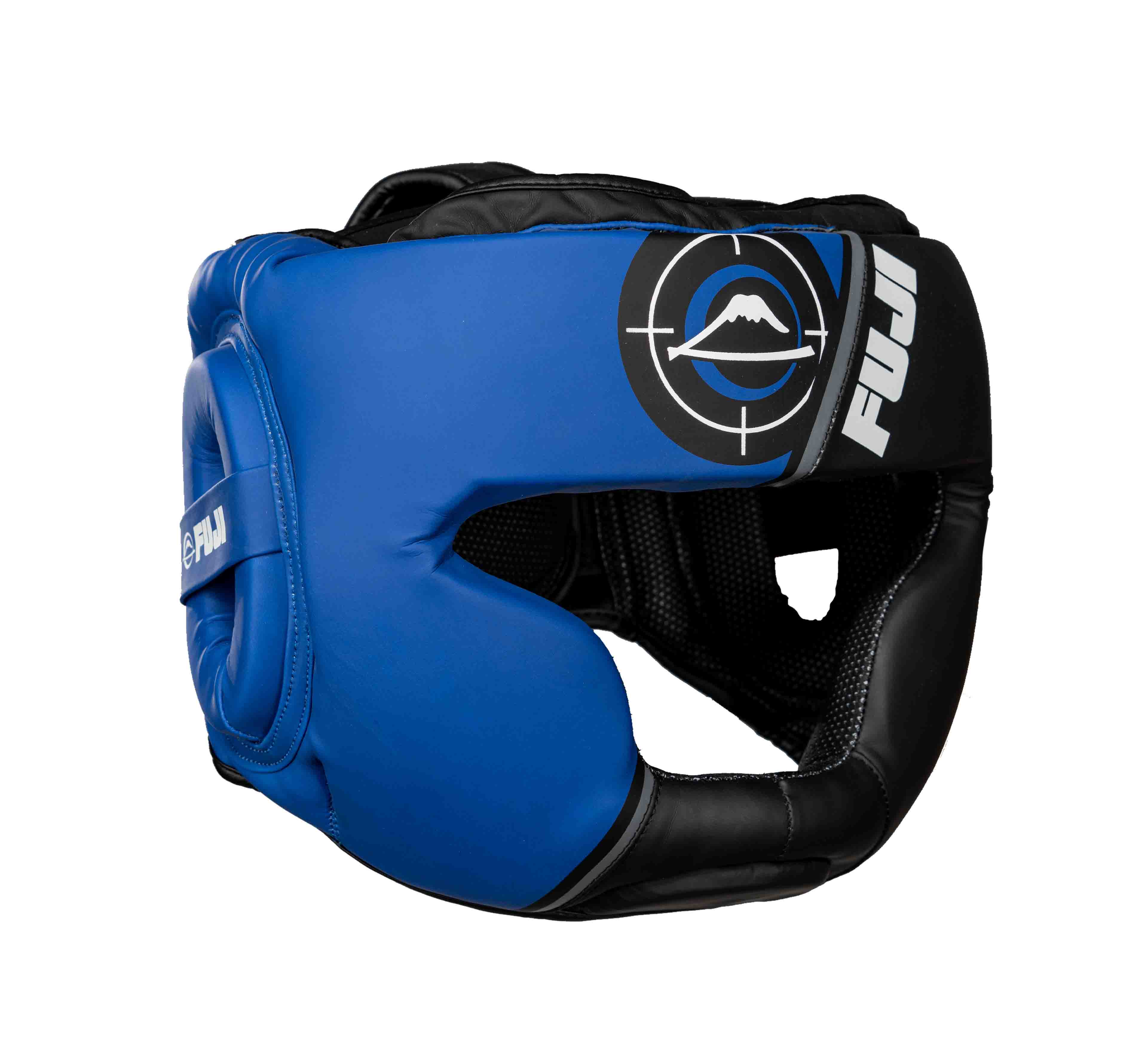 Blue and black Precision Striking Headgear by FUJI, featuring mountain logo, padded protection, and adjustable straps, photographed on a white background.
