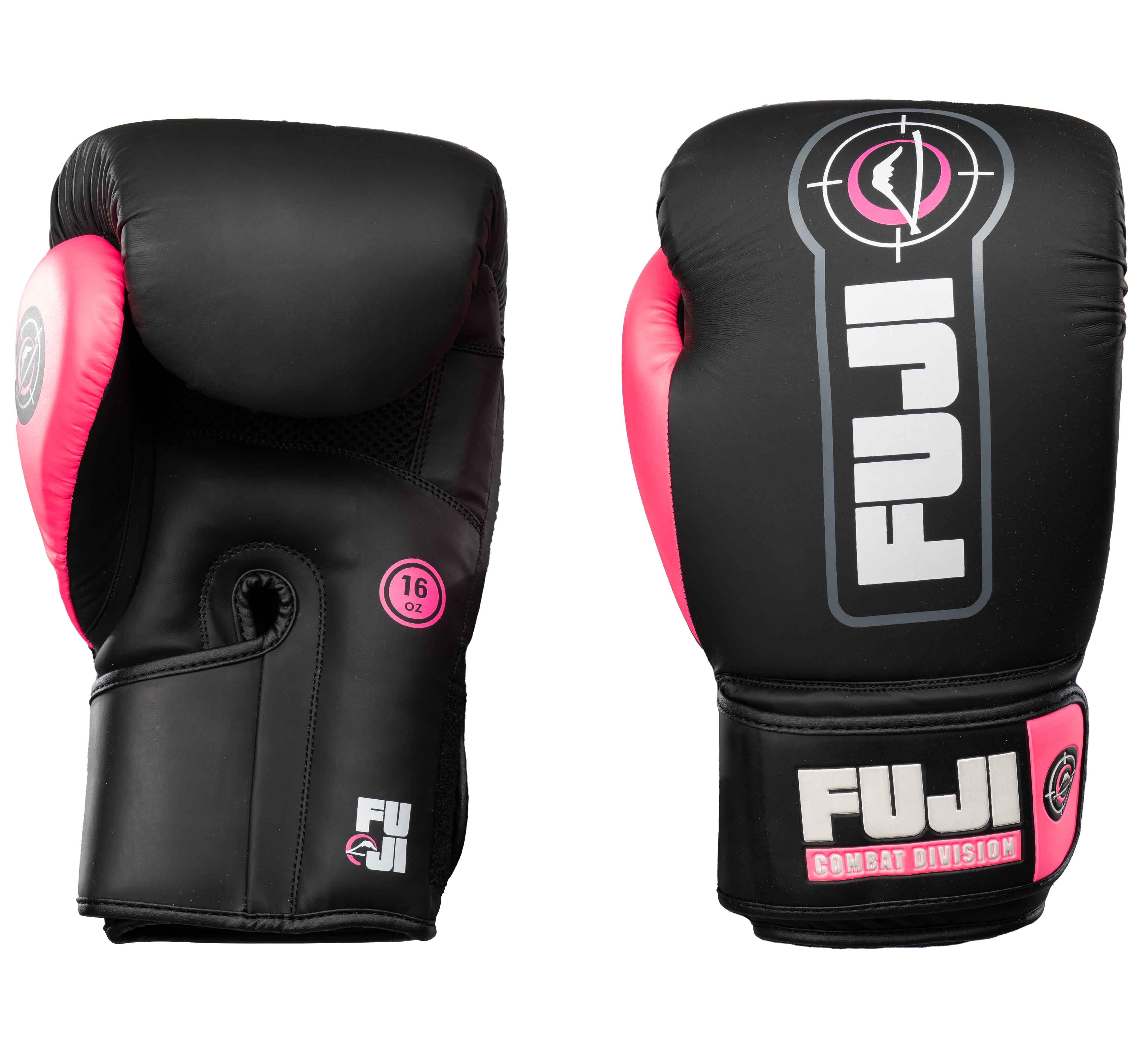A pair of Precision Boxing Gloves Pink, with black and pink accents. One glove displays the FUJI logo on the front; the other shows the side view with "16 OZ" and additional branding visible.