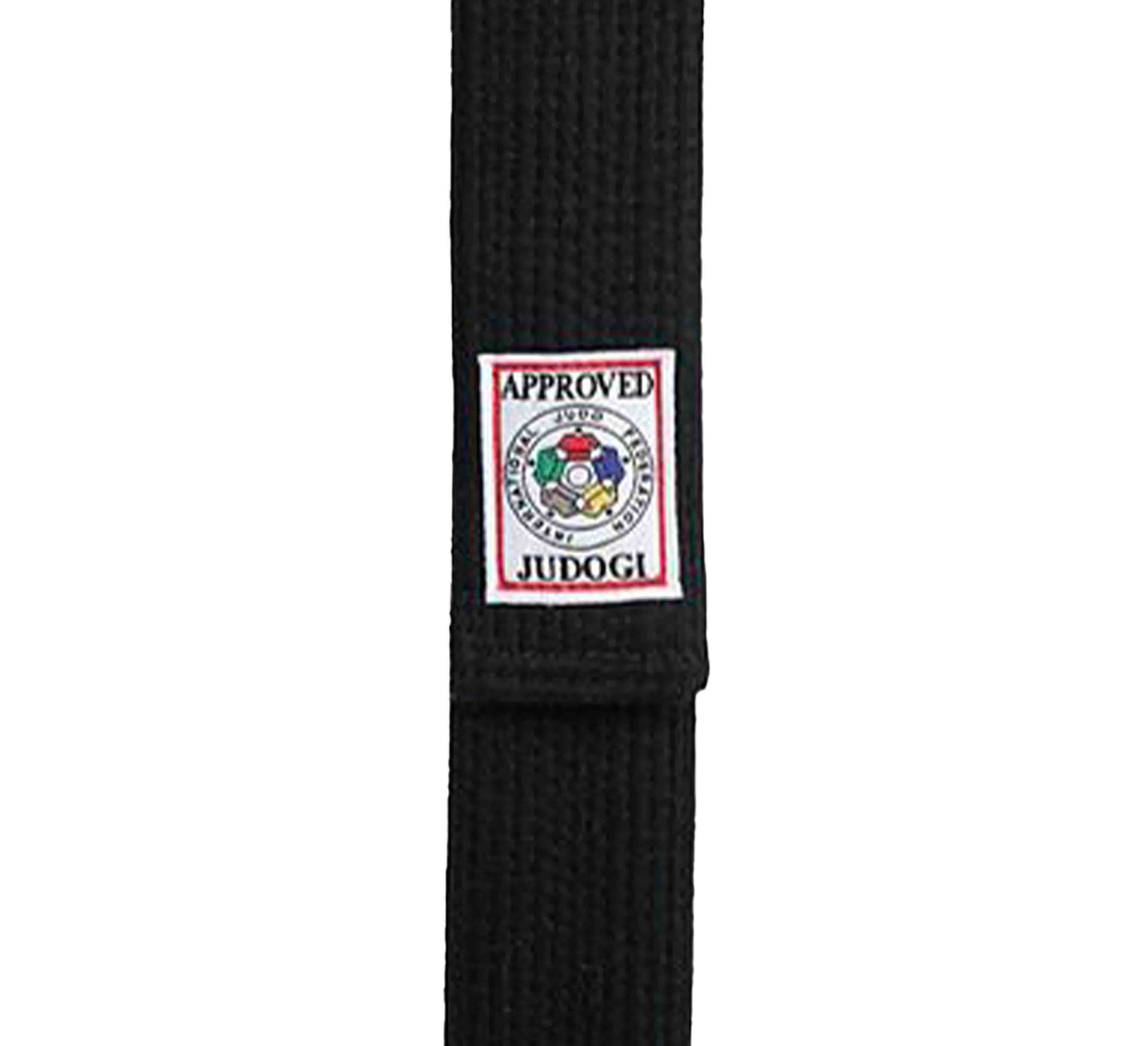 A close-up of the Ippon Gear IJF Black Belt features a rectangular patch with the International Judo Federation logo and "APPROVED JUDOGI" in red and black text on a white background.