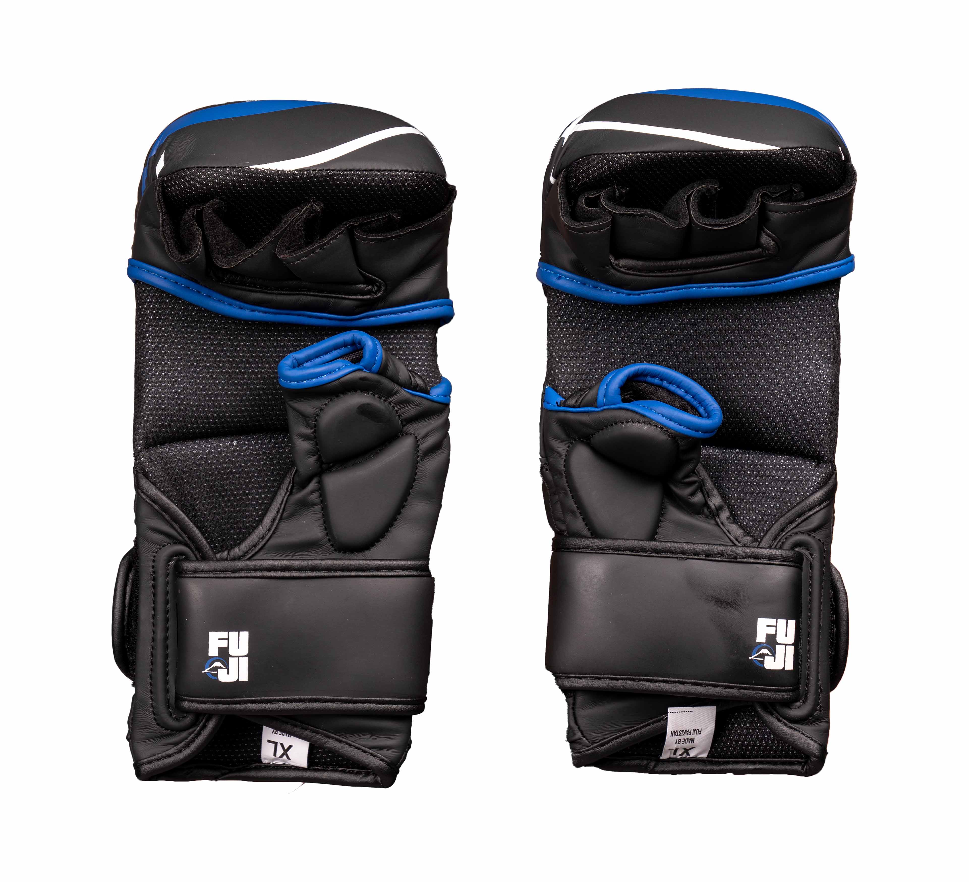 A pair of black and blue Precision Striking Hybrid MMA Gloves with open fingers and white logos, shown palm side up, isolated on a white background.