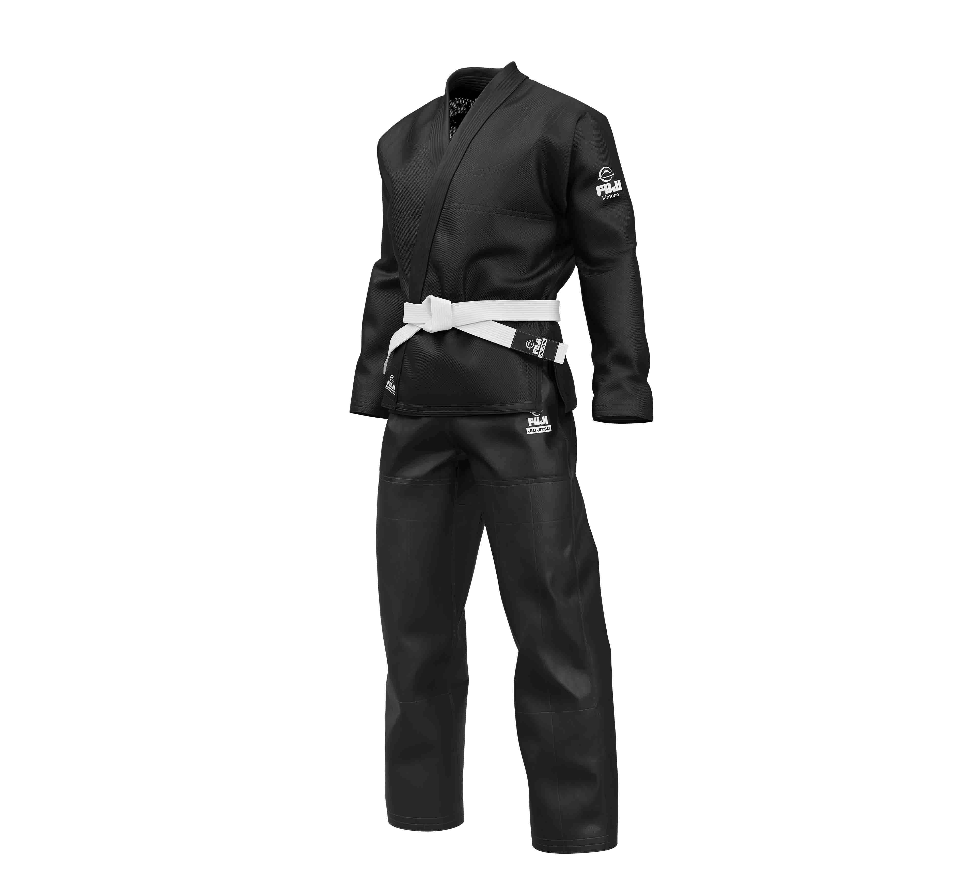 The Starter Kids BJJ Gi Black, shown with a white belt on a plain mannequin, features embroidered logos on the chest and sleeve and is displayed against a white background.