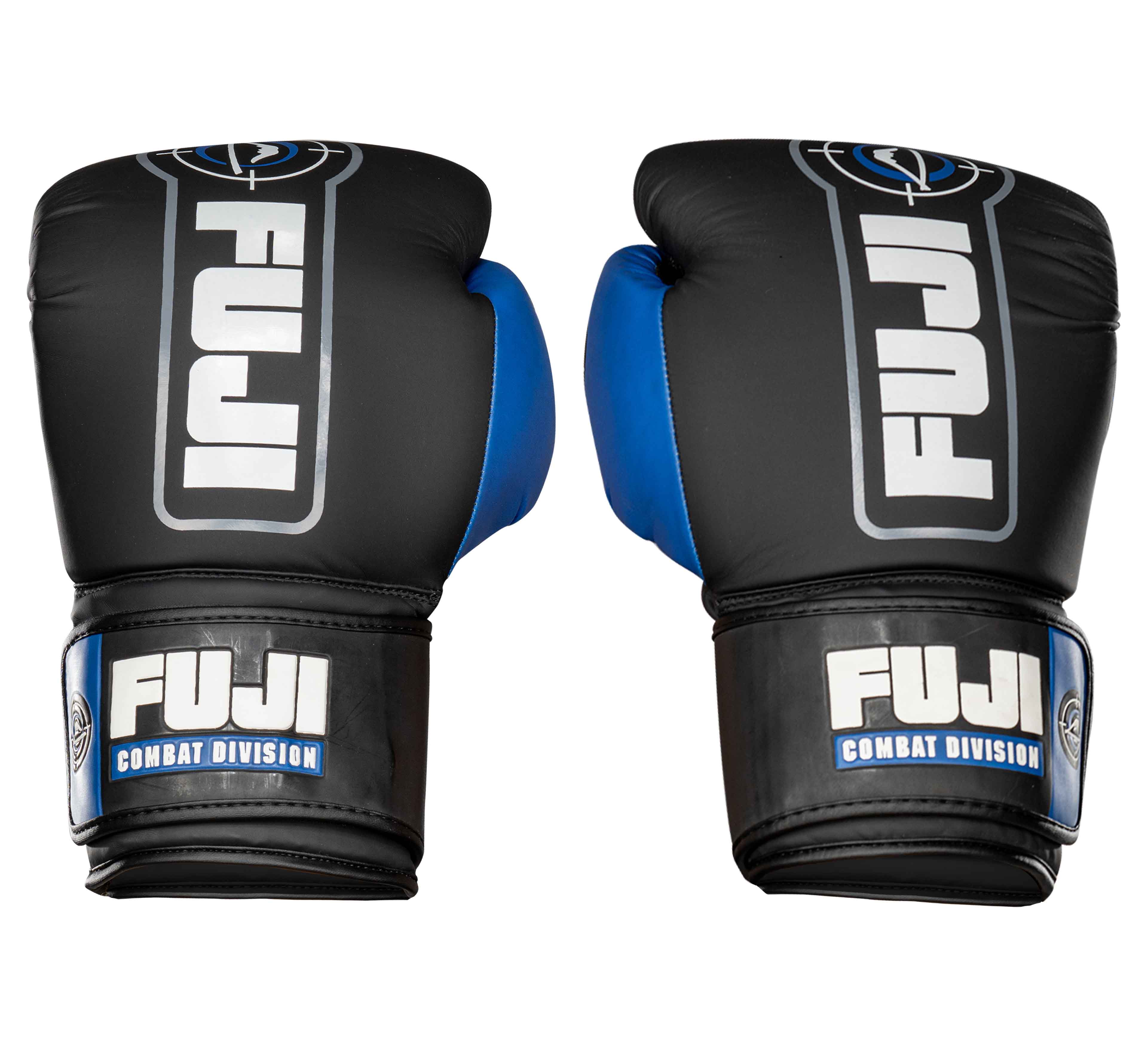 A pair of blue Precision Boxing Gloves with FUJI COMBAT DIVISION branding on the wrists, displayed on a white background.