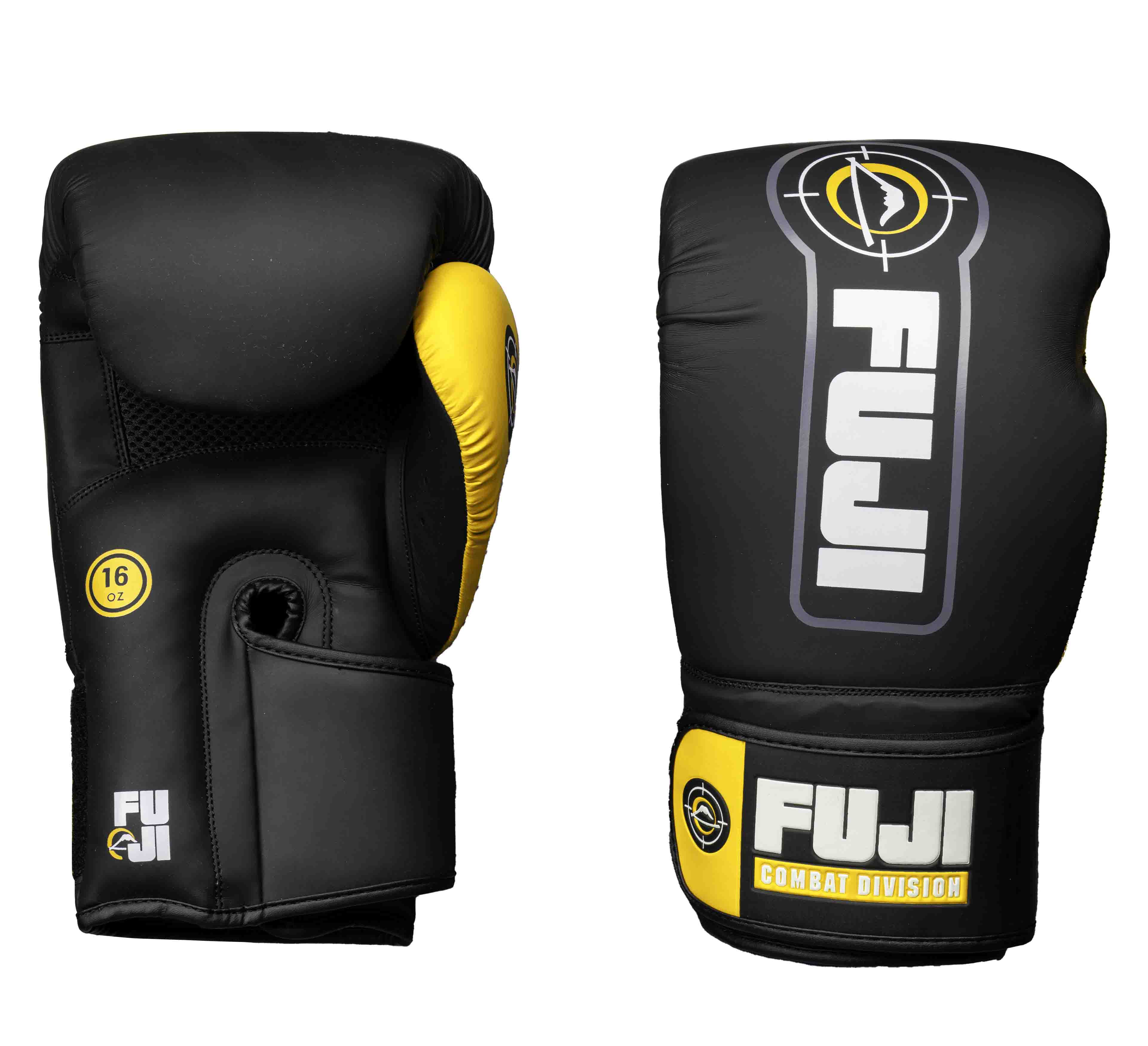 The Precision Boxing Gloves Yellow, featuring black and yellow colors and FUJI Combat Division branding, are displayed from the front and back on a white background.