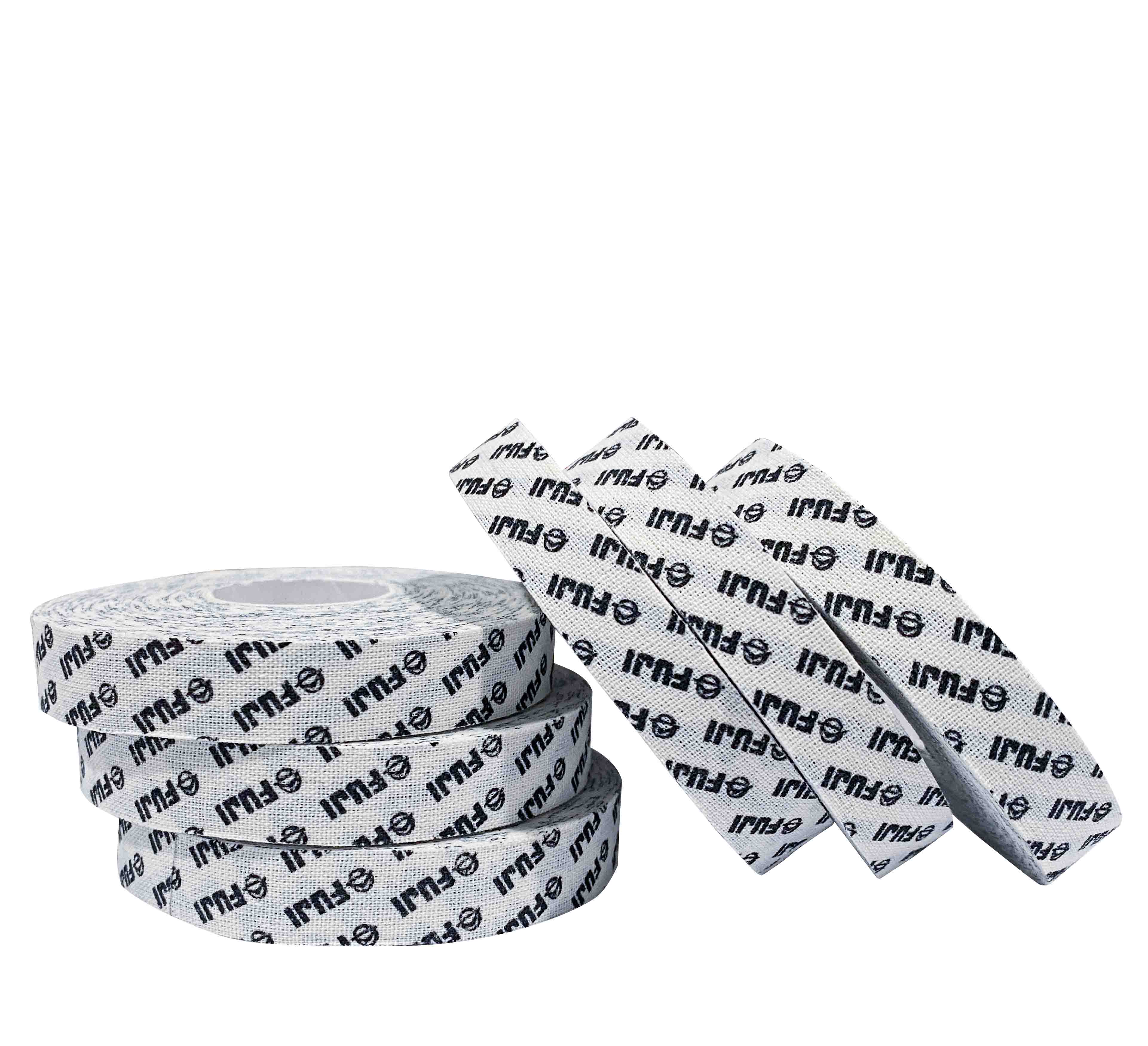 Seven rolls of Step & Repeat FUJI Finger Tape, white with black “ENUO” branding, are stacked upright on a white background.