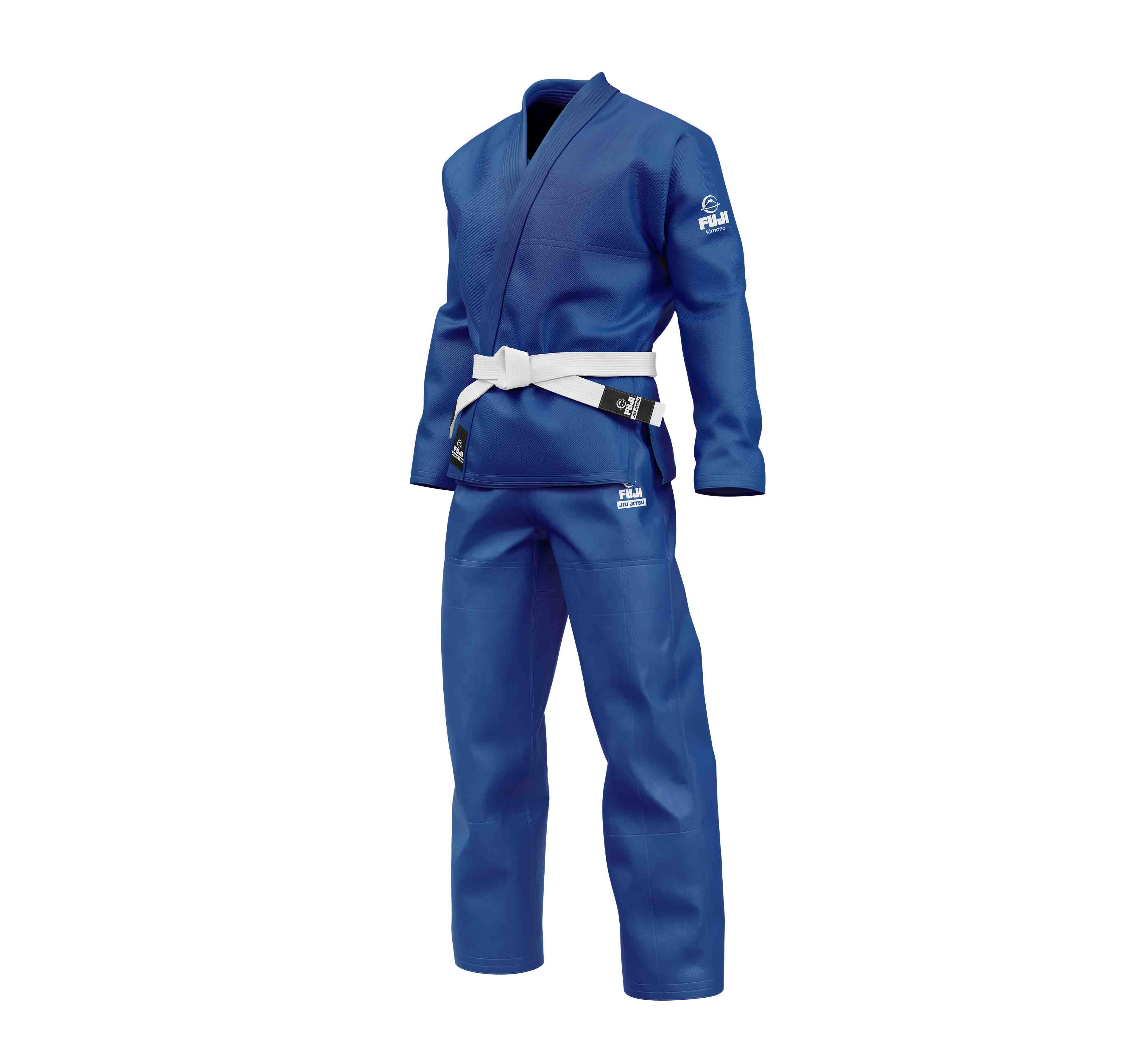 The Starter Kids BJJ Gi Blue is shown on a plain mannequin with a white belt, displaying both the jacket and pants, featuring brand logos on the sleeves and thigh.