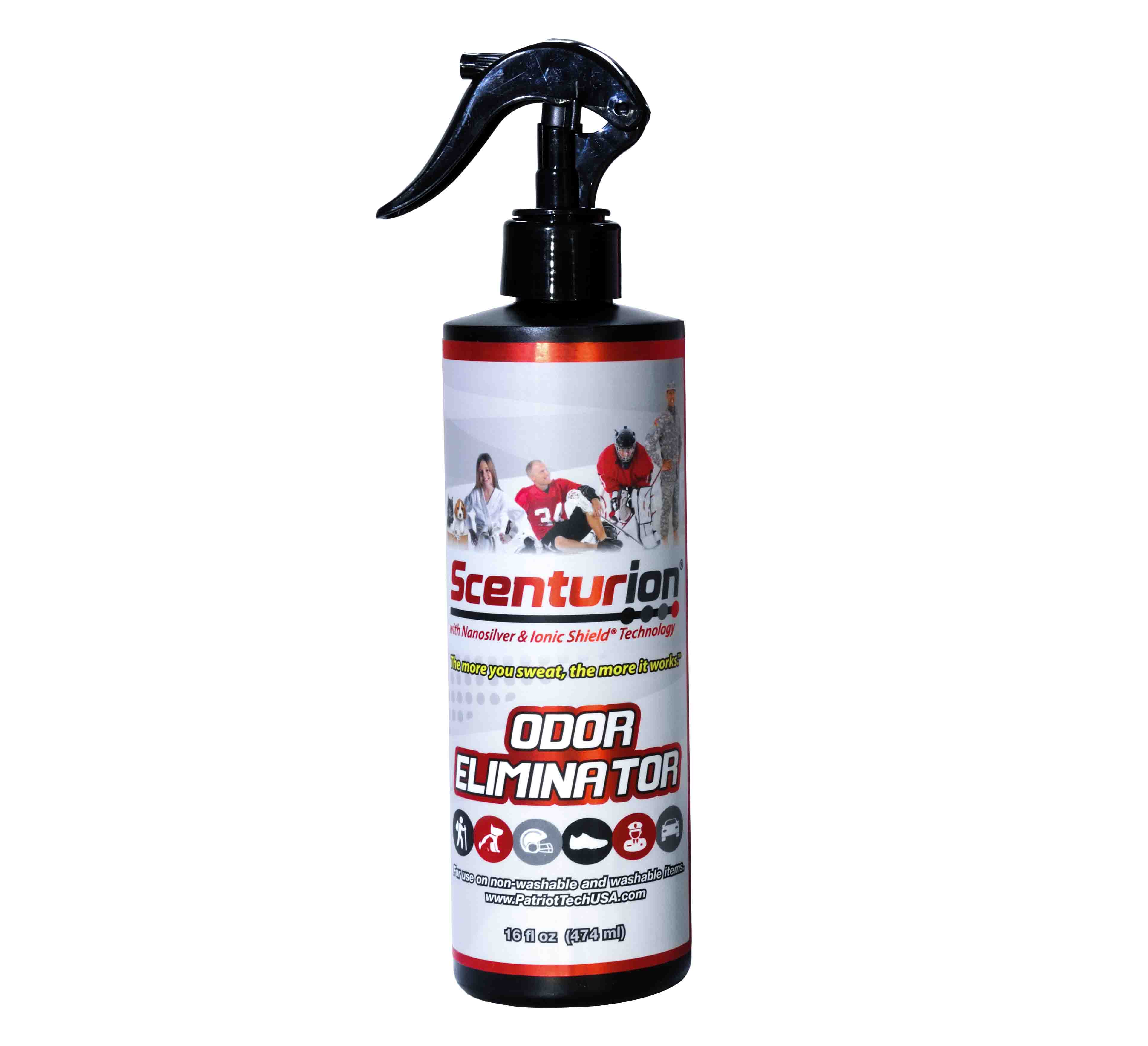 A black 16oz Odor Eliminator by Scenturion spray bottle features images of athletes and a label highlighting its effectiveness for removing odors from sports gear, shoes, and equipment.