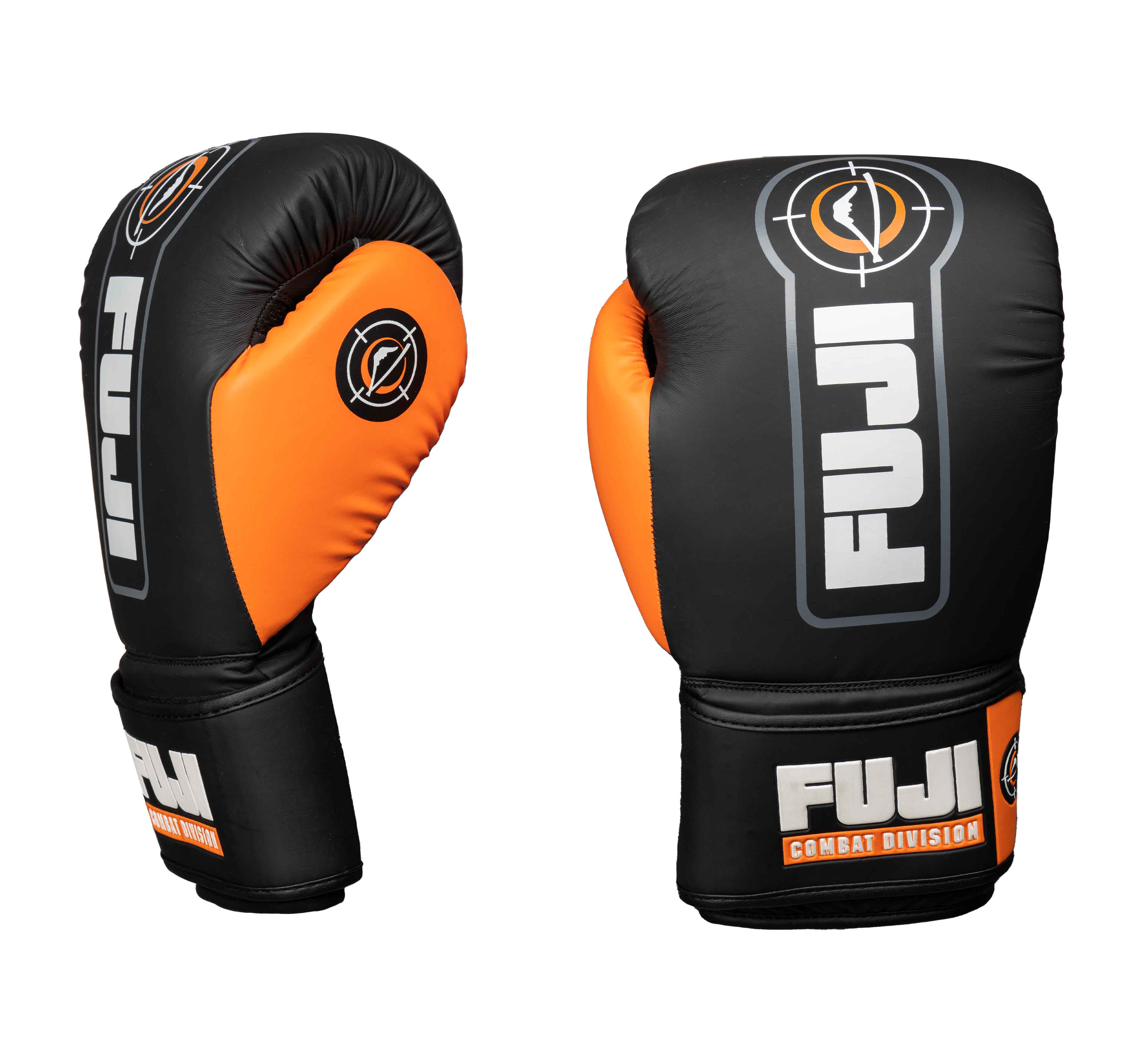 Two Precision Boxing Gloves Orange are shown, one facing forward and one to the side, both displaying the brand logo and Combat Division text.