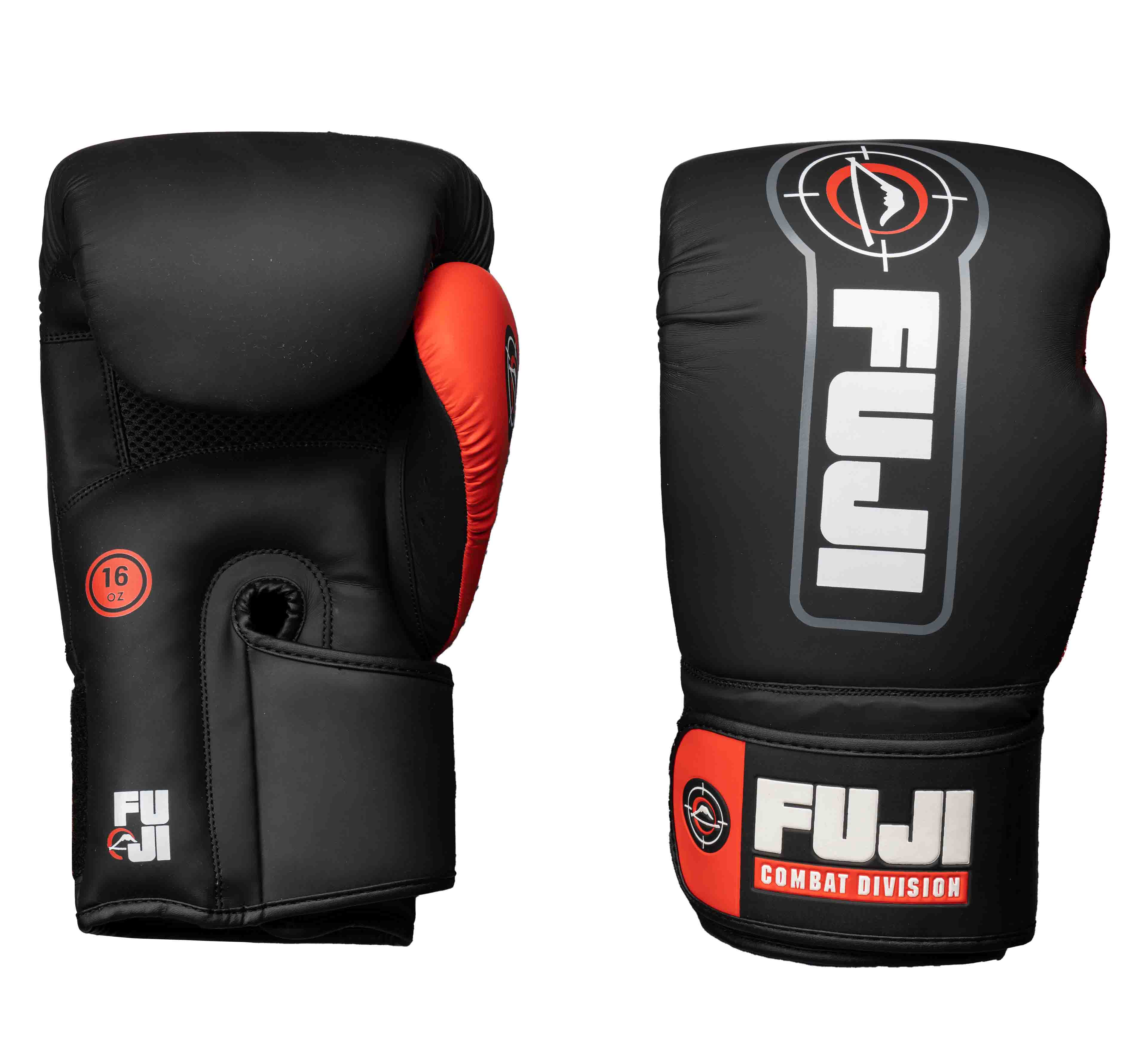 A pair of Precision Boxing Gloves Red is shown, one palm up and one palm down. The black and red gloves display branding and a circular "COMBAT DIVISION" logo on the wrist strap.
