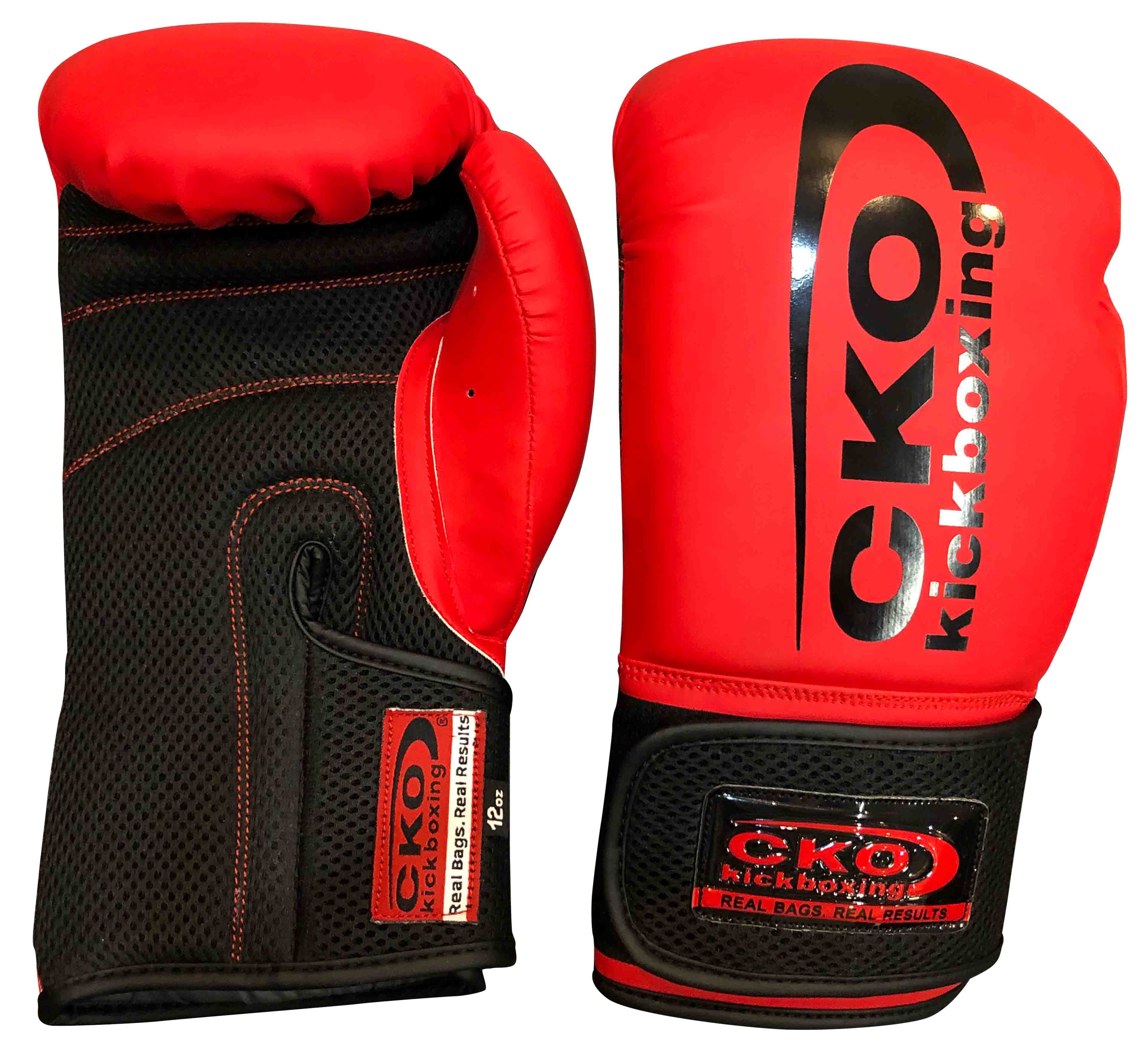 A pair of CKO Baseline Boxing Gloves Red, one displaying the palm side with mesh material and the other showing the top featuring a black CKO Kickboxing logo.