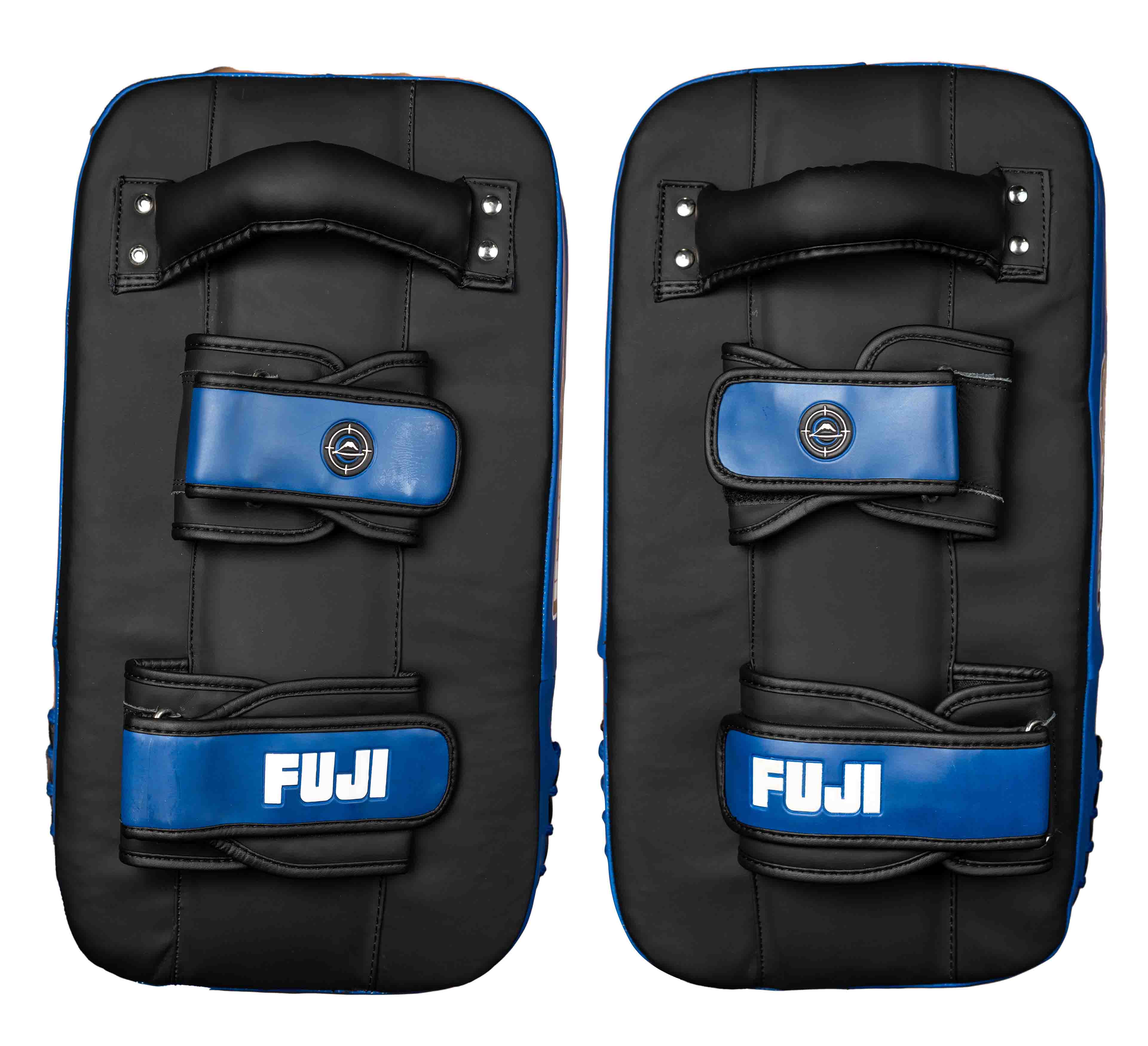 Two black and blue Precision Striking Thai Pads with handles and adjustable straps are shown side by side. "FUJI" is printed in white on the bottom strap of each pad.