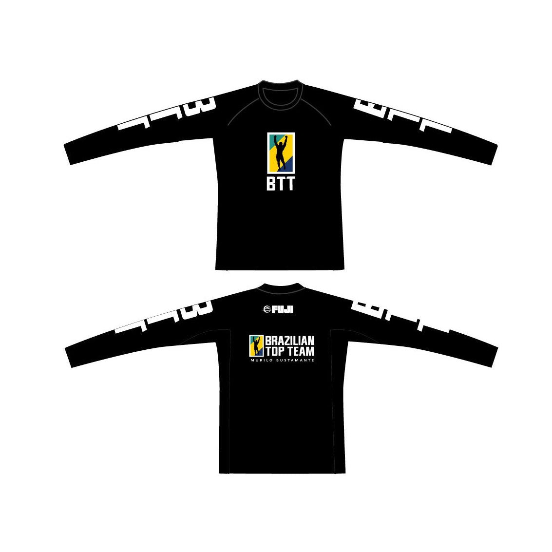 The BTT Kids Long Sleeve Rashguard features a black design with the BTT logo on the front center, Brazilian Top Team logo on the back, white numbers on both sleeves, and Fiji branding on the upper back.