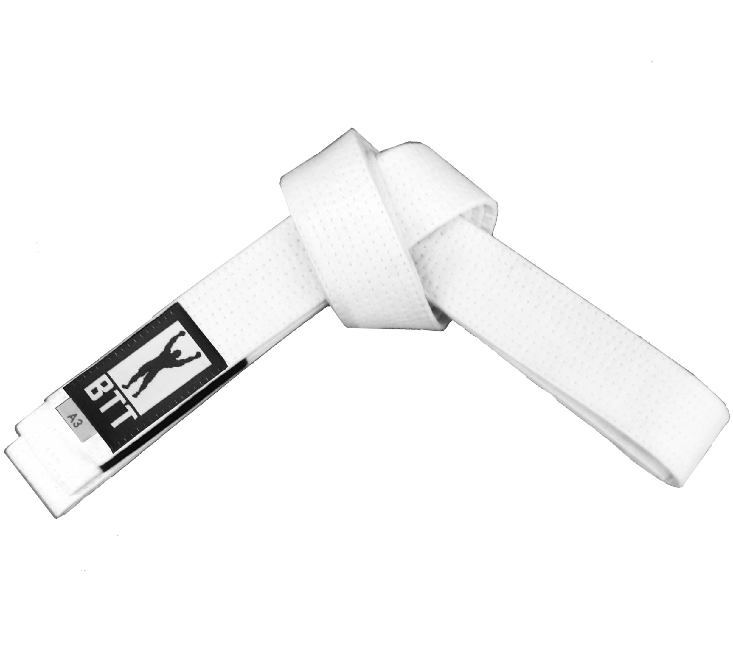 The BTT Belt White is a Brazilian Jiu Jitsu white belt featuring a black and white BTT patch and silhouette logo, shown laid flat with one end looped over itself.