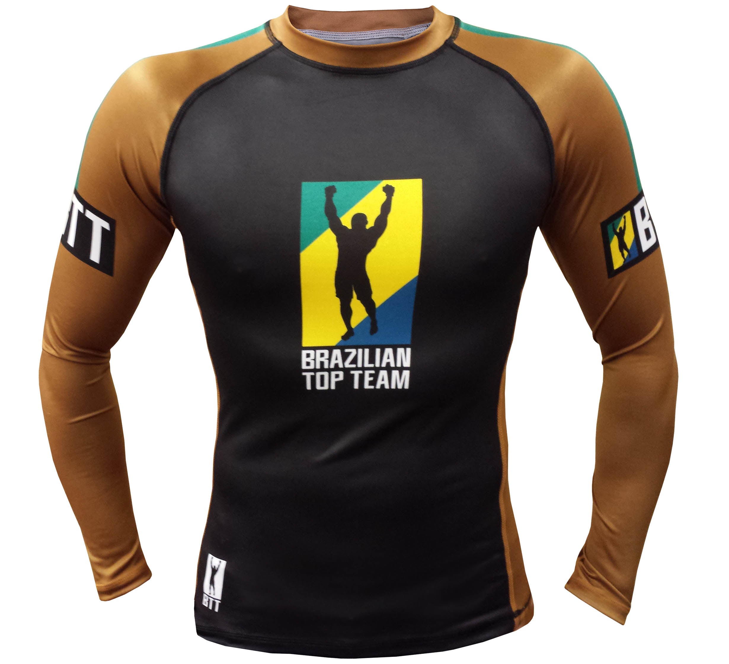 The BTT Ranked Long Sleeve Womens Rashguard features brown sleeves, a black front, the Brazilian Top Team logo—a person raising arms on a yellow and blue background—on the chest, and "BTT" on both sleeves.