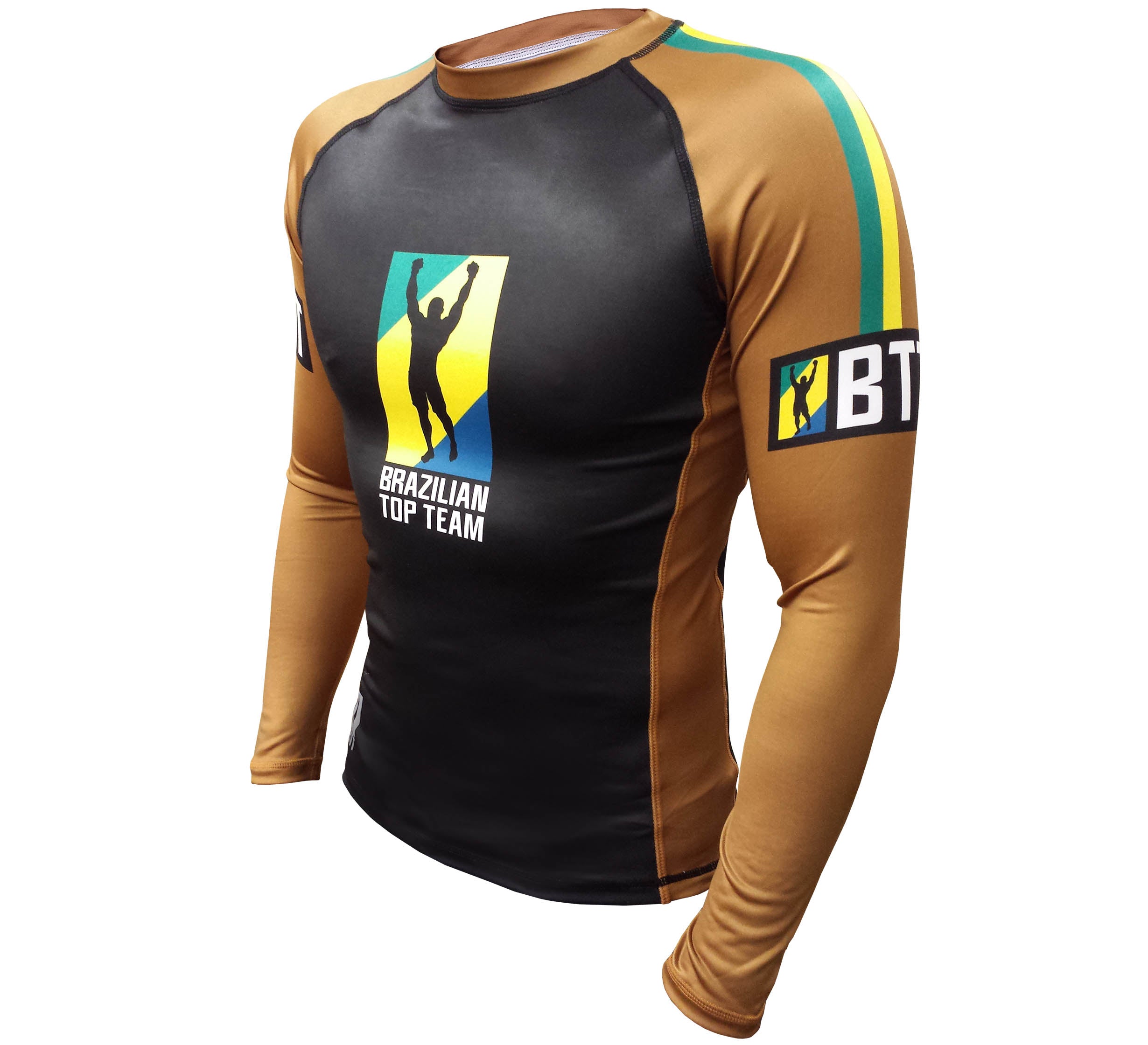 The BTT Ranked Long Sleeve Womens Rashguard features a black front, gold sleeves, “Brazilian Top Team” logos on the chest and arm, plus green and yellow stripes on the left shoulder.