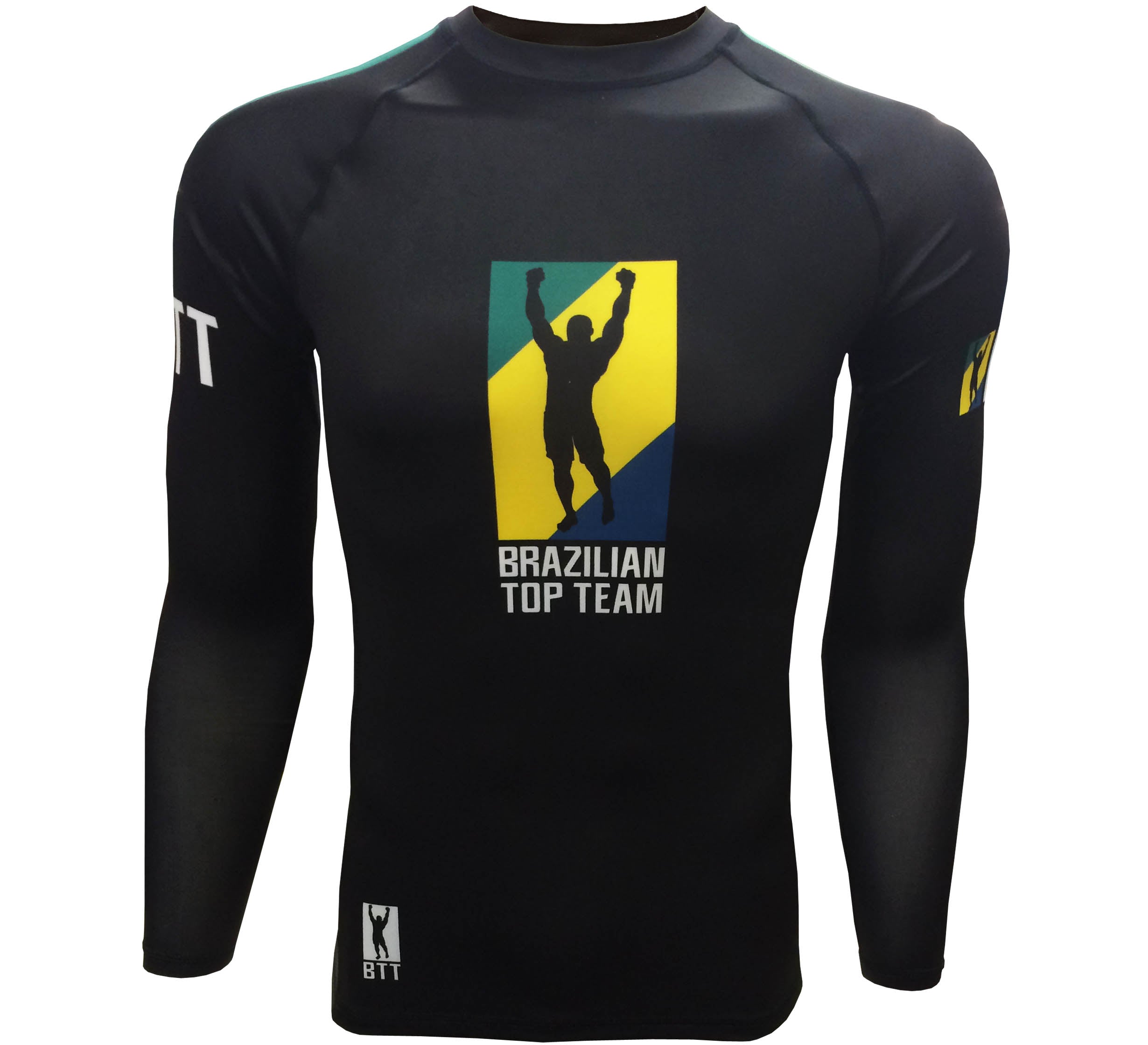 The BTT Ranked Long Sleeve Women's Rashguard is a black athletic shirt featuring the Brazilian Top Team logo—a silhouette raising their arms against a yellow and green background—on the chest and sleeves.