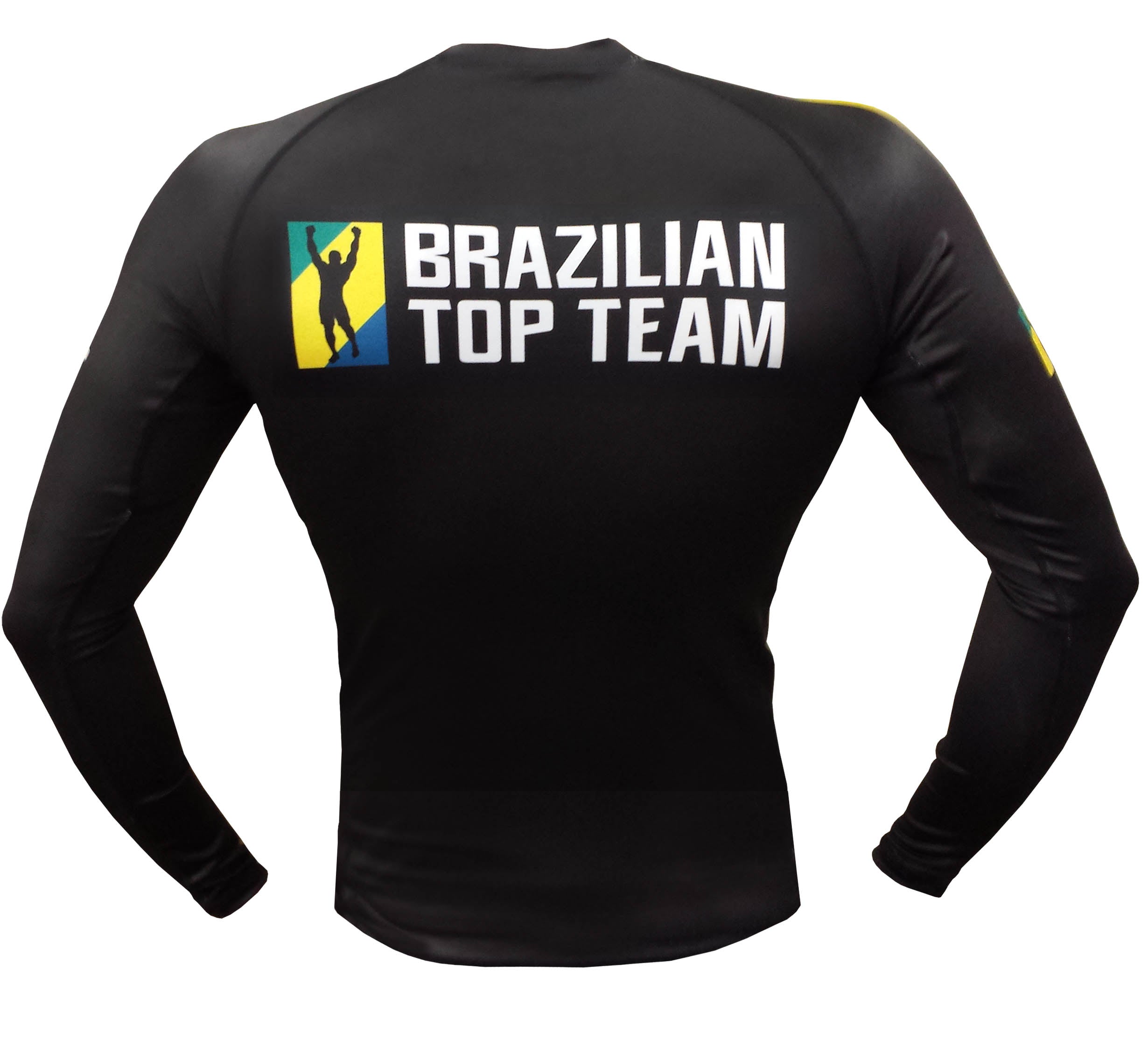 The BTT Ranked Long Sleeve Womens Rashguard in black is shown from the back, displaying "BRAZILIAN TOP TEAM" and a yellow, green, and blue logo with a silhouette of a person raising their arms.
