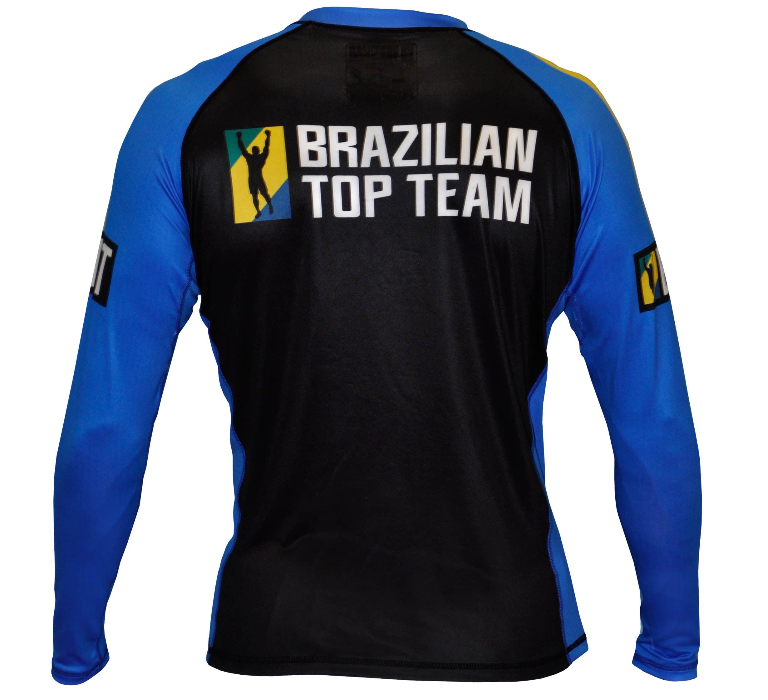 The BTT Ranked Long Sleeve Womens Rashguard features blue sleeves, a black back, "BRAZILIAN TOP TEAM" text, and a yellow-green-black logo with a silhouette on the upper back.