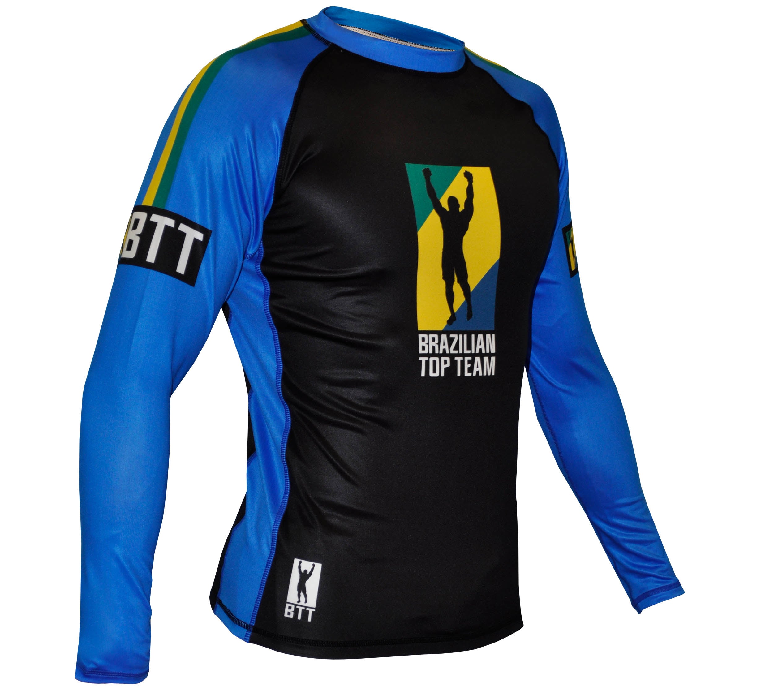 The BTT Ranked Long Sleeve Womens Rashguard has blue sleeves, black front and sides, the Brazilian Top Team logo and text on the chest, and "BTT" text on both sleeves.