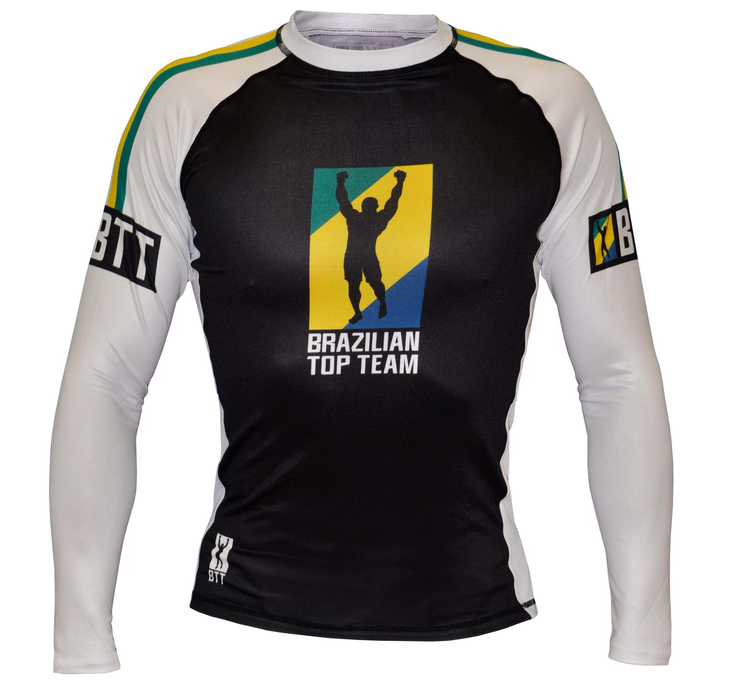 The BTT Ranked Long Sleeve Womens Rashguard features black and white colors, Brazilian Top Team text, a silhouette over a yellow-blue background, and BTT logos on both sleeves.