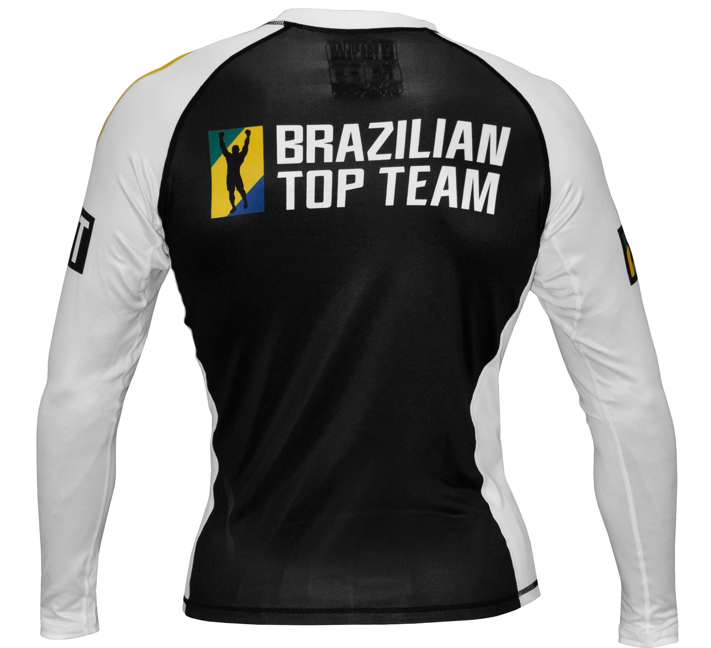 A woman is seen from behind wearing the BTT Ranked Long Sleeve Women's Rashguard in black and white, featuring BRAZILIAN TOP TEAM and a logo on the back.