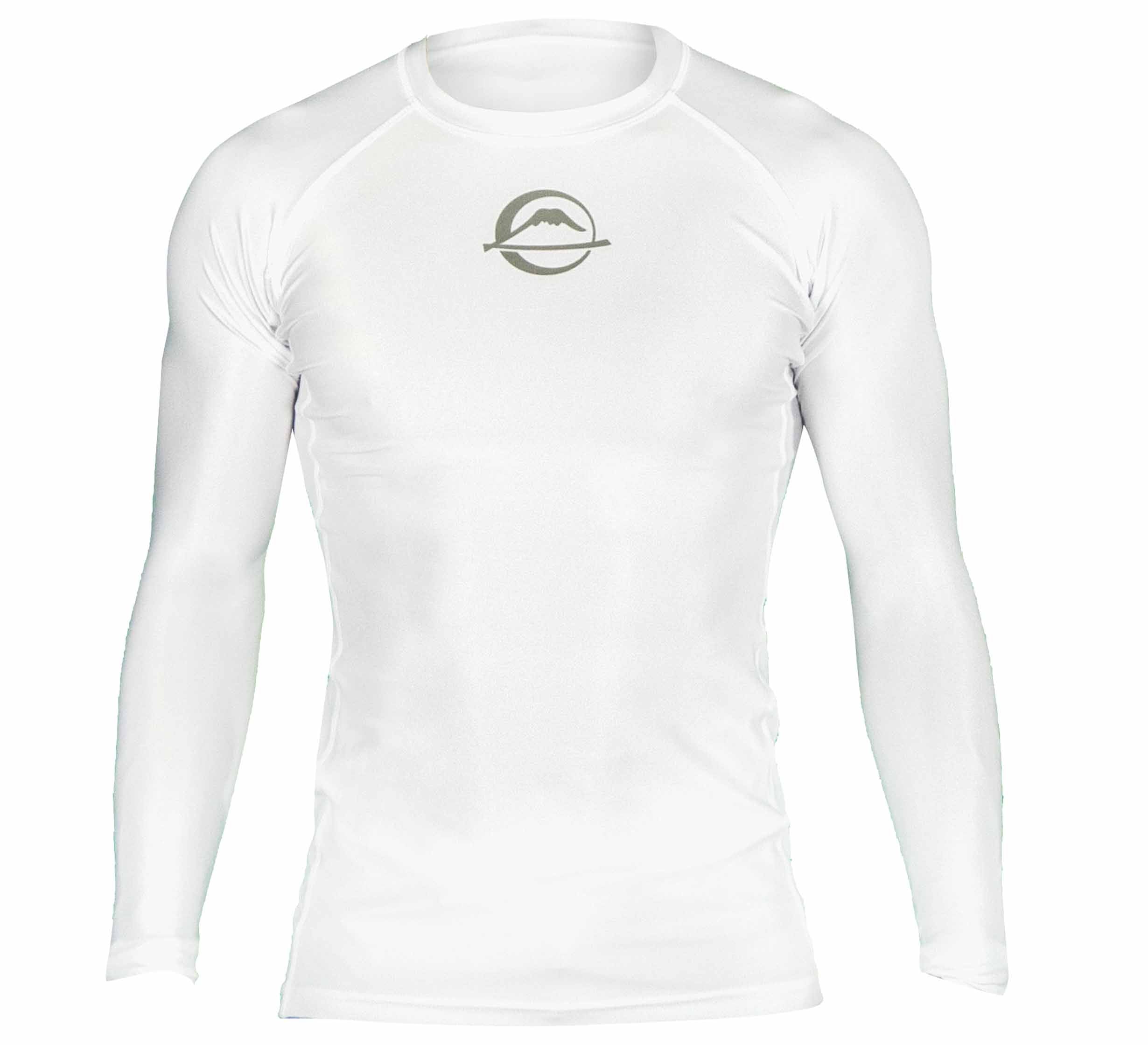 The Baseline Ranked Long Sleeve Rashguard is a white, round-neck athletic shirt featuring long sleeves and a small circular mountain logo on the chest.