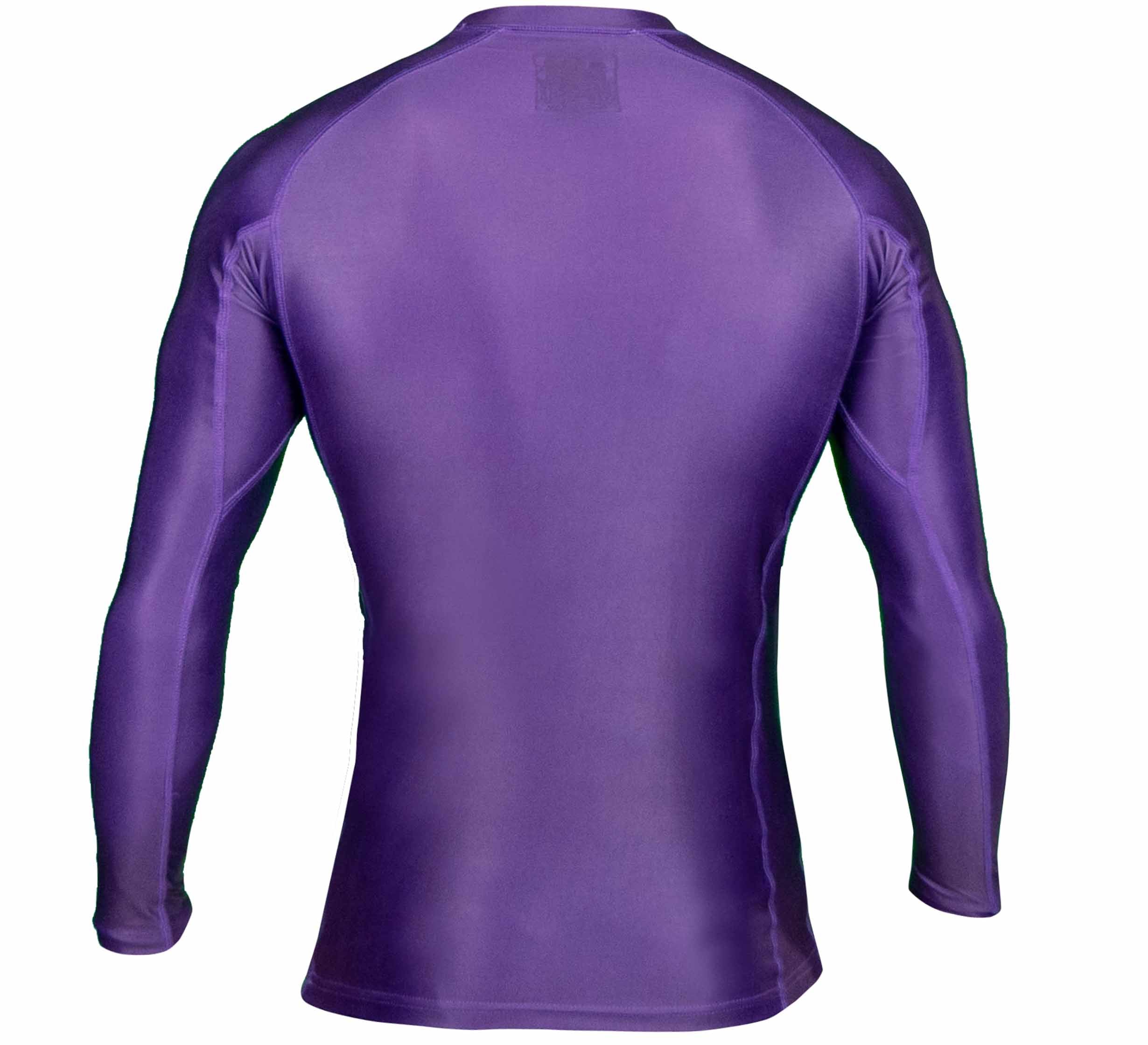 The Baseline Ranked Long Sleeve Rashguard is a fitted athletic shirt with long sleeves in solid purple, displayed from the back on a white background.