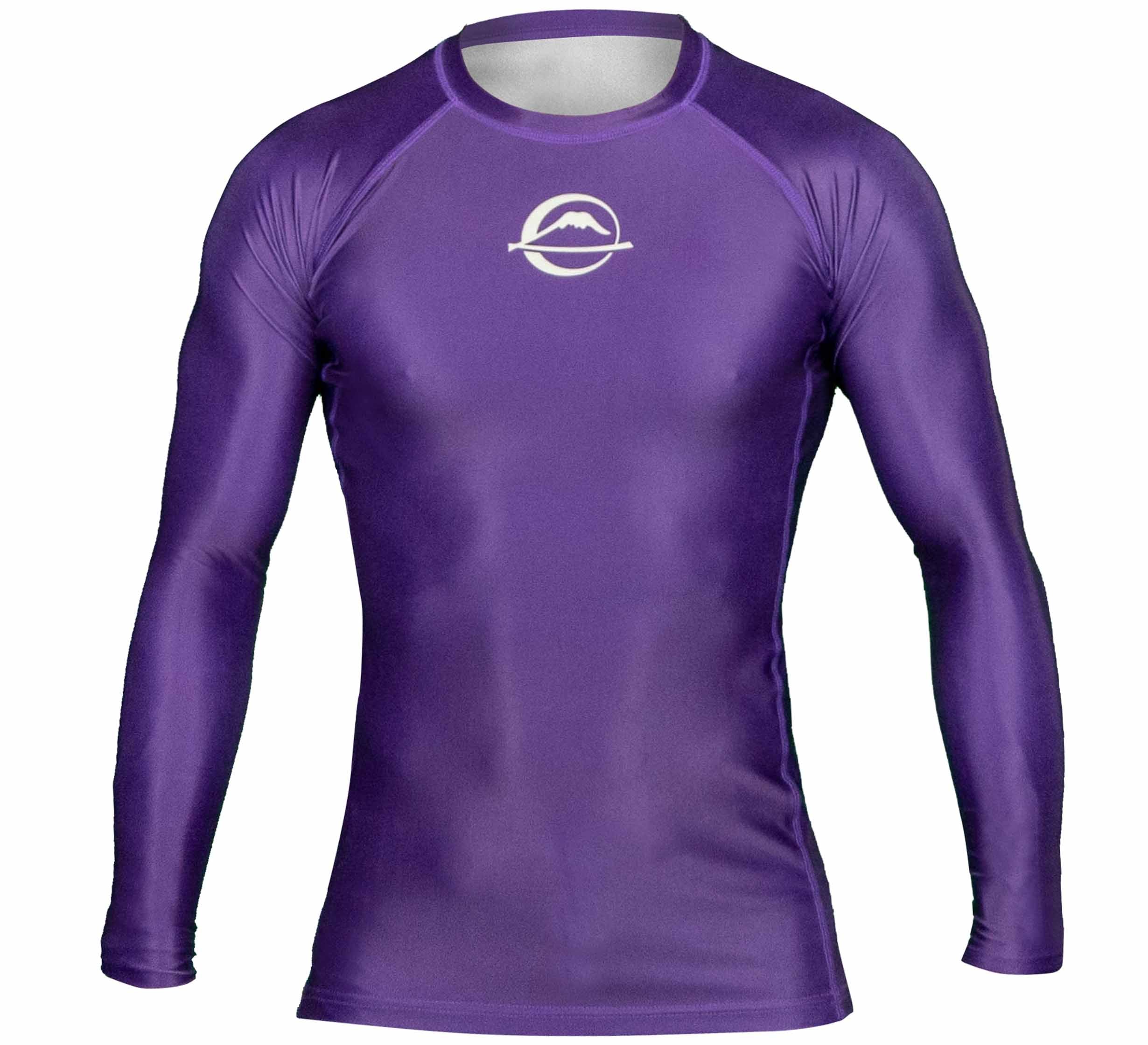 The Baseline Ranked Long Sleeve Rashguard is a fitted, purple athletic shirt with long sleeves and a white mountain logo on the chest, shown on a plain white background.