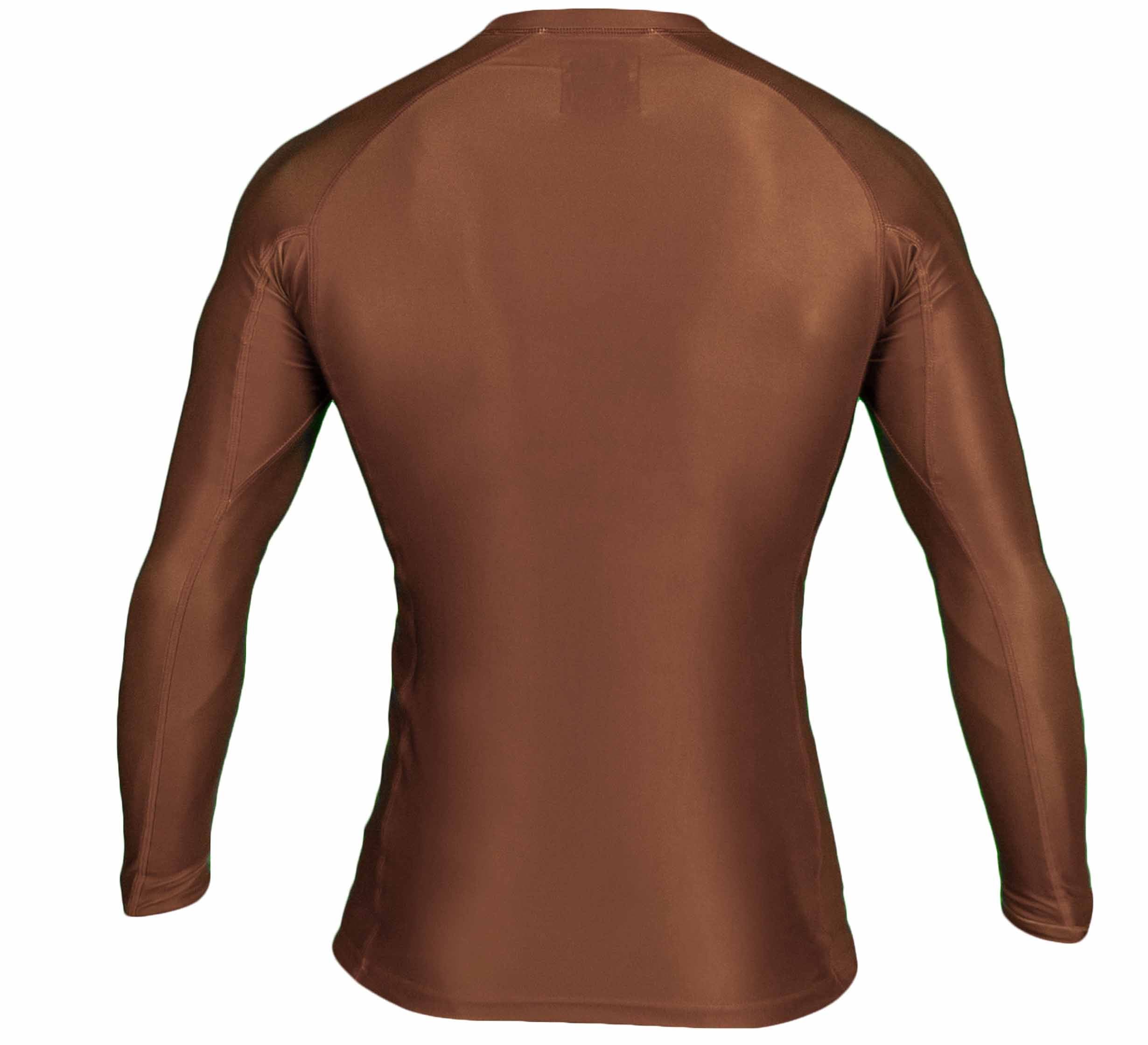 The Baseline Ranked Long Sleeve Rashguard in solid brown is a fitted athletic shirt, shown from the back on a white background.