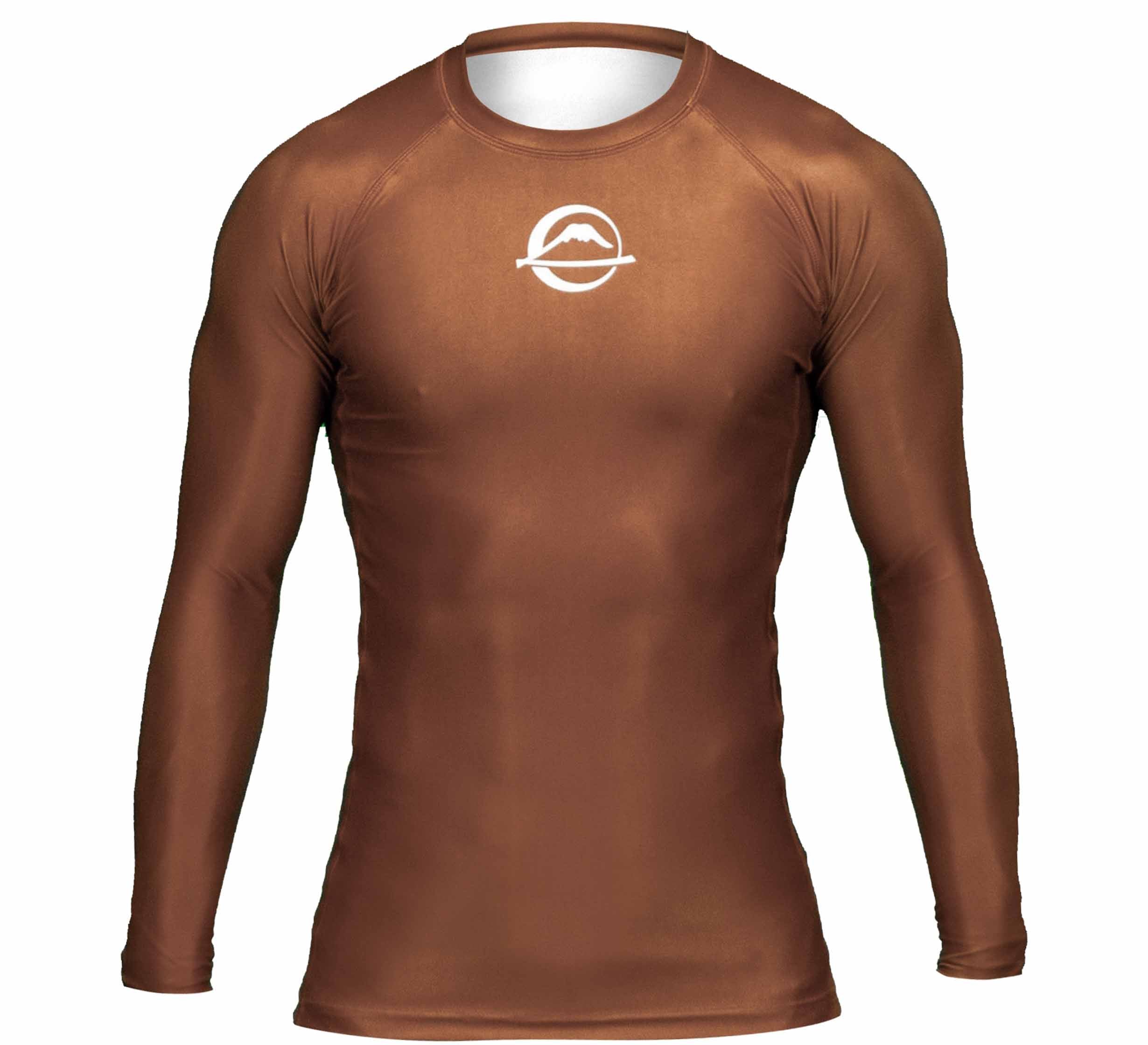The Baseline Ranked Long Sleeve Rashguard Brown is a form-fitting, long-sleeved athletic shirt featuring a white mountain logo on the chest, shown on a white background.