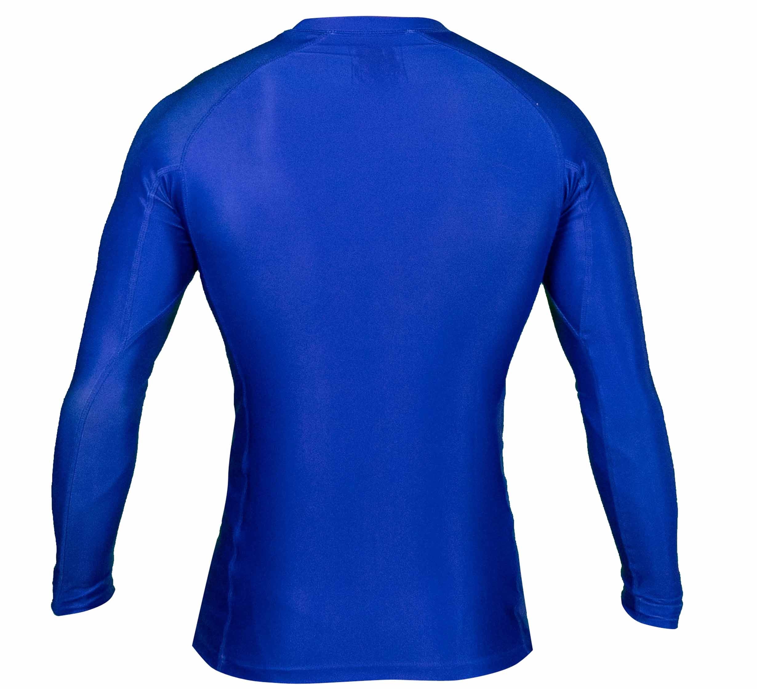 The Baseline Ranked Long Sleeve Rashguard Blue is displayed from the back against a white background, featuring a fitted, plain blue design with no visible logos or patterns.