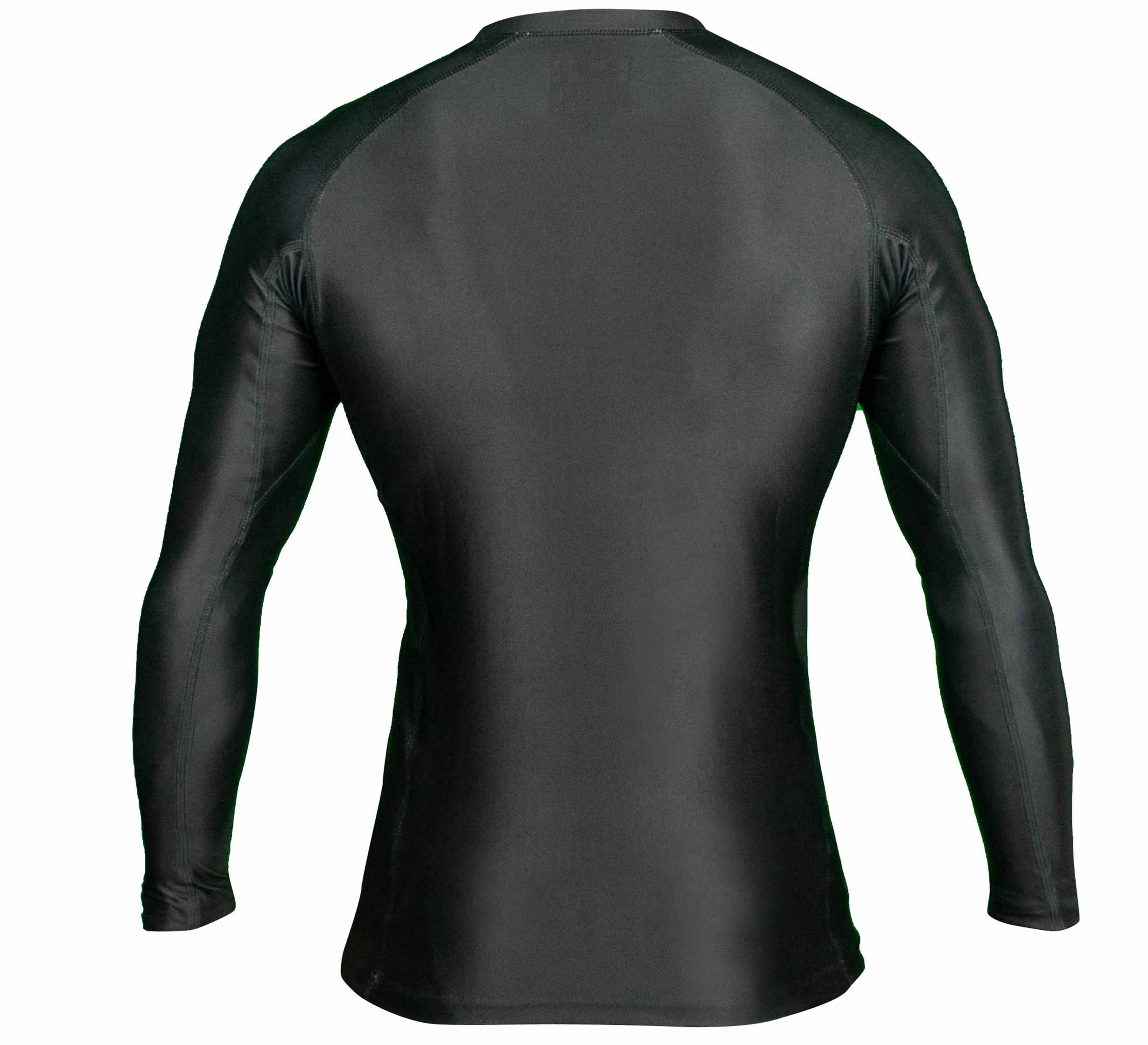Baseline Ranked Long Sleeve Rashguard, shown from the back, features a black fitted design with long sleeves and a subtle sheen on the fabric.