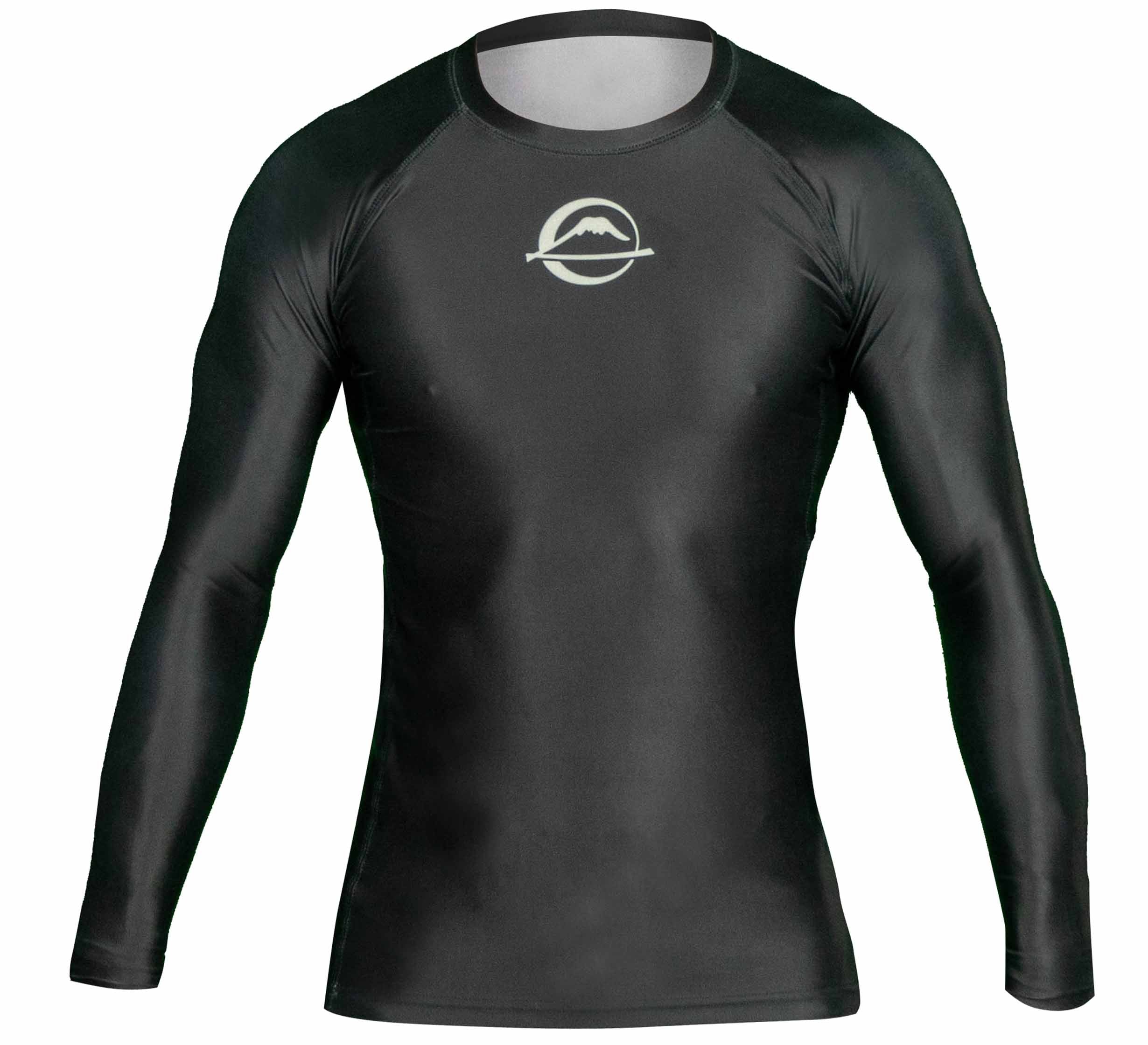 The Baseline Ranked Long Sleeve Rashguard Black features a round neckline and a white mountain logo on the chest. Displayed on an invisible mannequin against a white background.