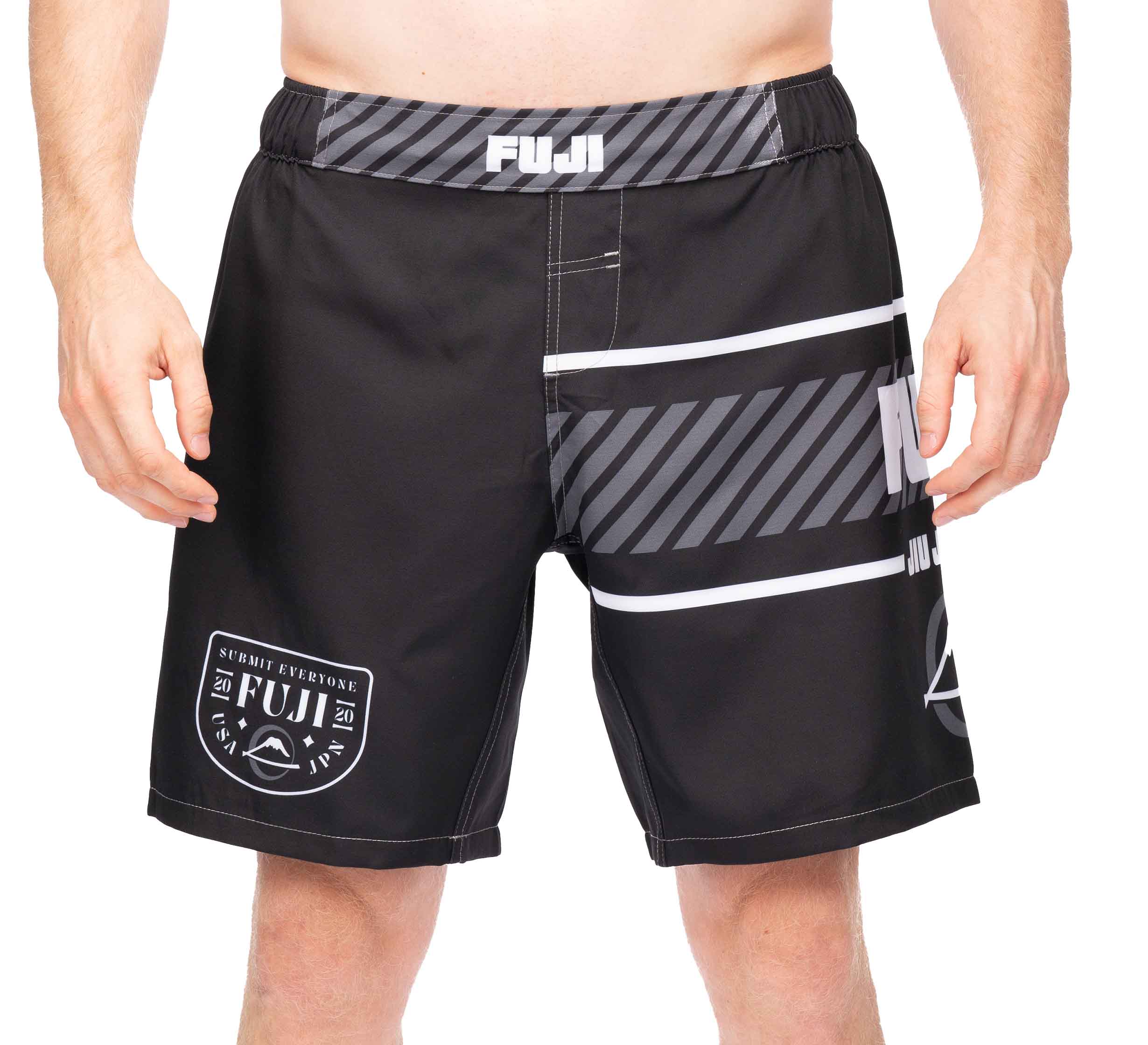 A person is shown from waist to mid-thigh wearing black Freestyle 2.0 Ranked Grappling Shorts against a white background.