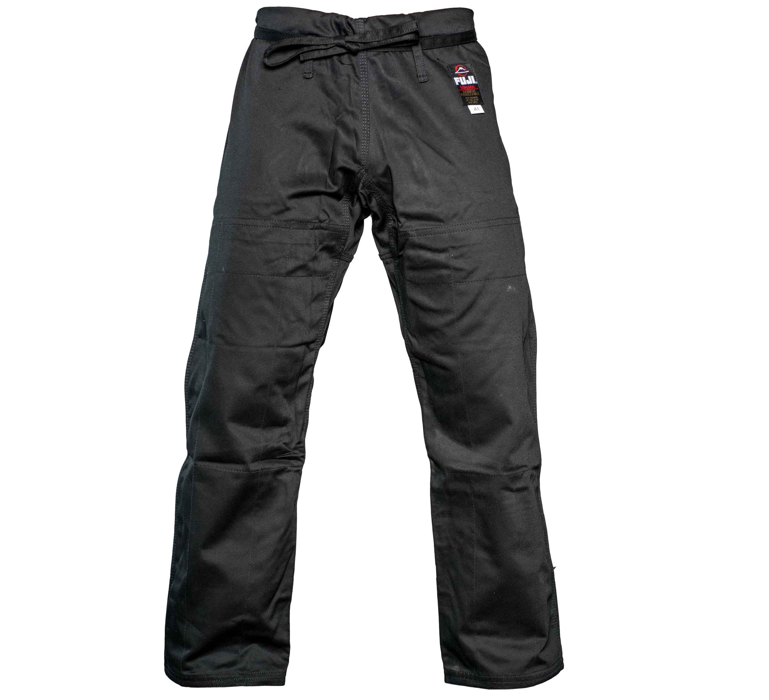 The BJJ Adult Gi Pants are black martial arts pants with reinforced knees, a drawstring waist, and a small logo patch on the upper left thigh, shown laid flat on a white background.
