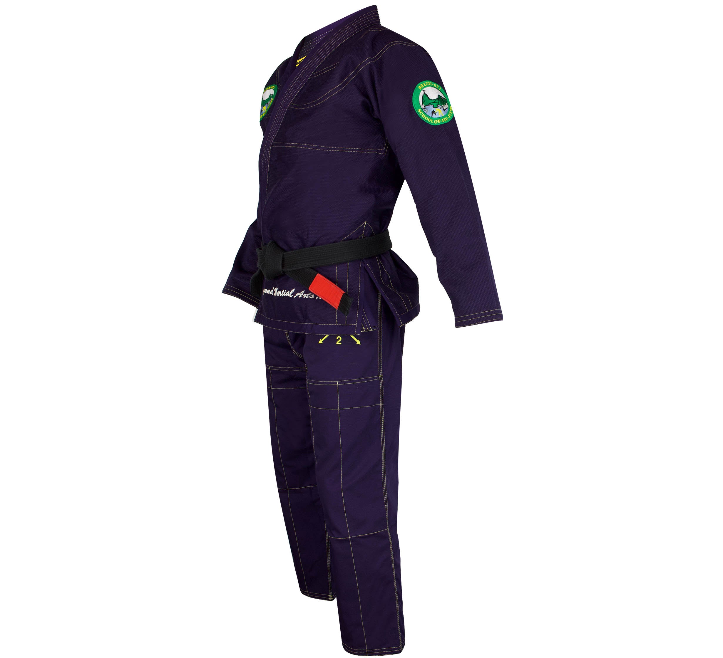 The Brazil 021 Competition Gi is a dark purple Brazilian Jiu-Jitsu uniform with yellow stitching, a black belt, and green sleeve patches, shown on a mannequin facing left against a white background.
