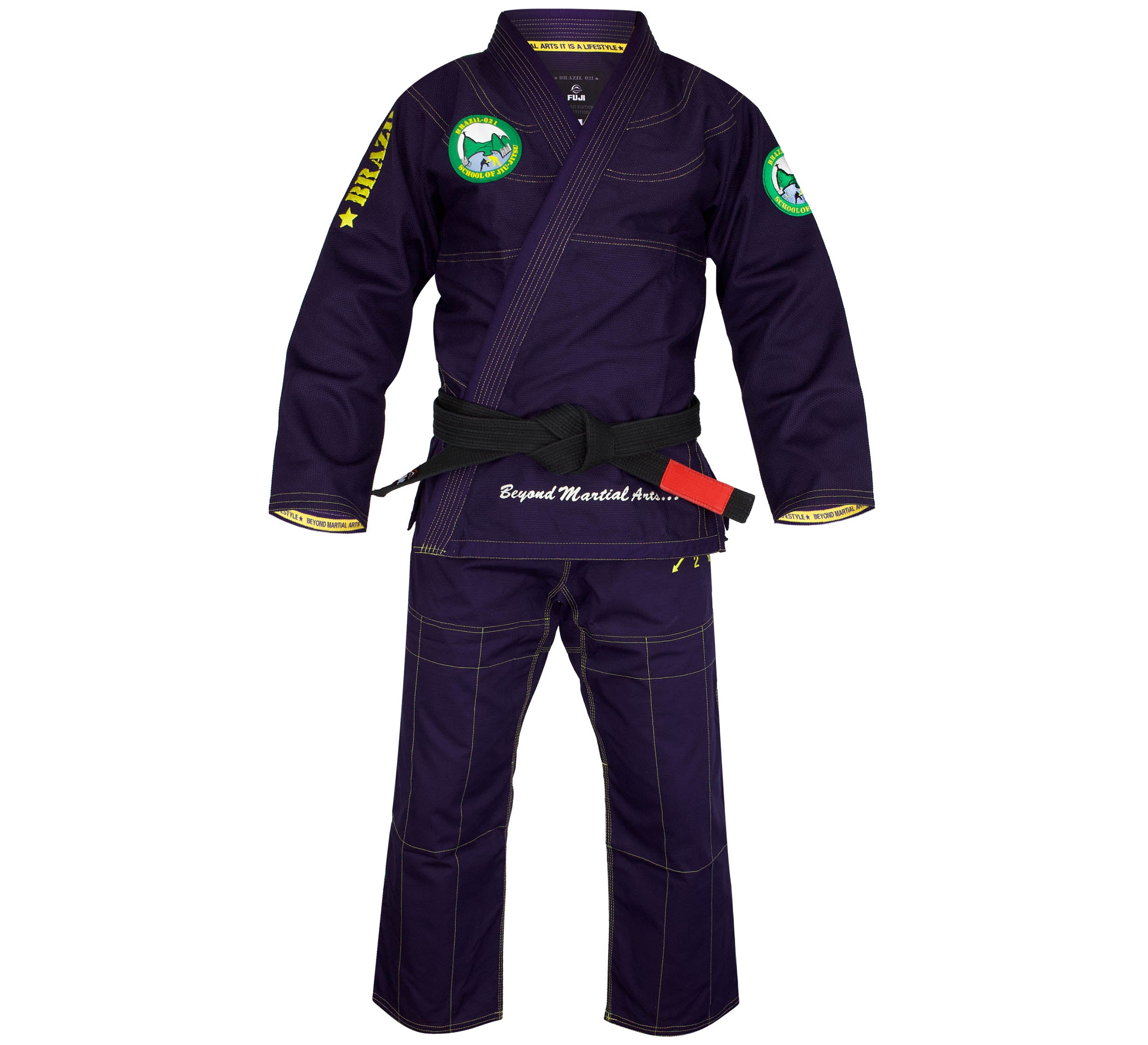 The Brazil 021 Competition Gi is a dark blue Brazilian Jiu-Jitsu gi with yellow stitching, shoulder and chest patches, and comes with a black belt featuring a red stripe, shown on a plain white background.