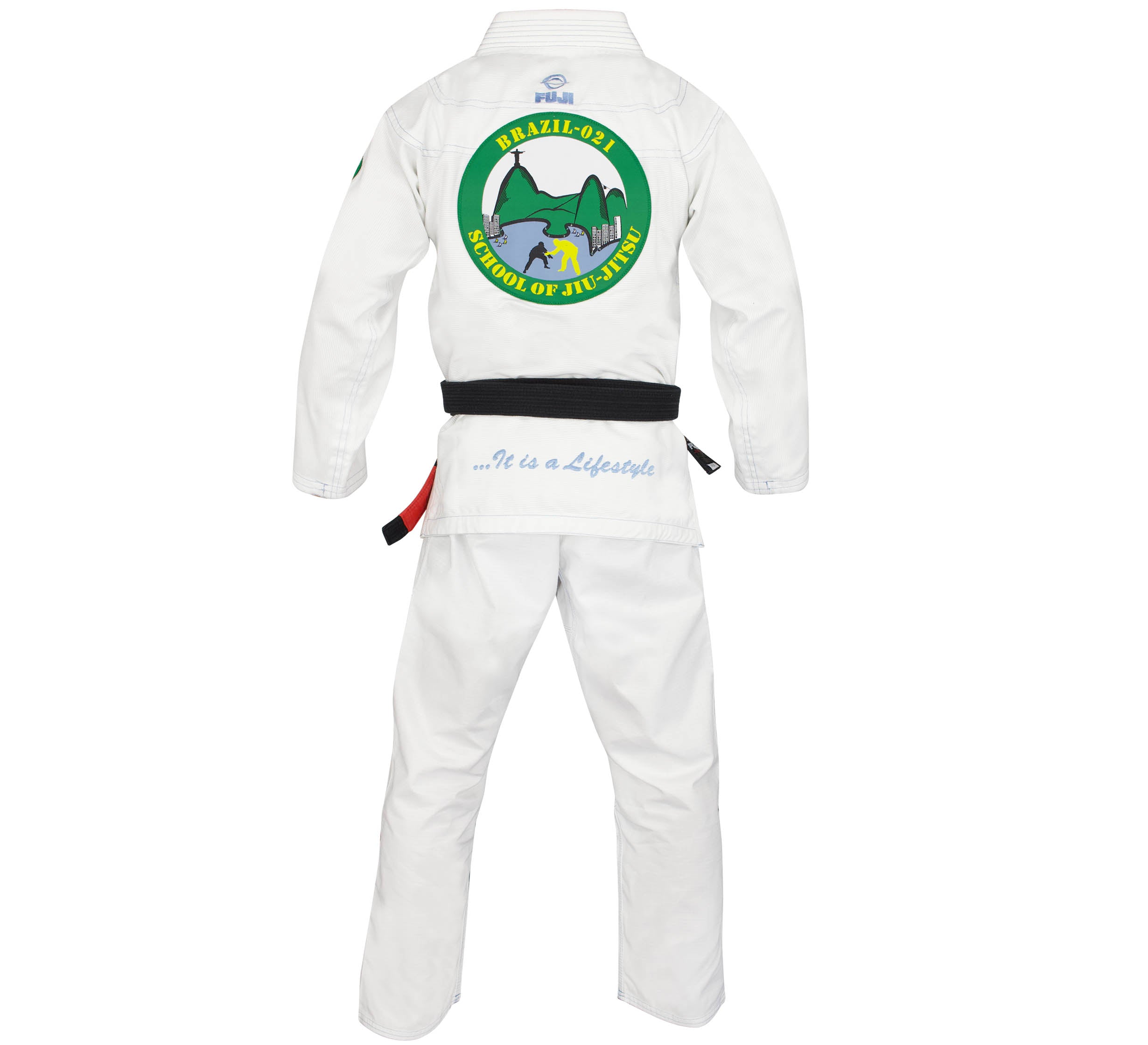 The Brazil 021 Competition Gi is a white Brazilian jiu-jitsu gi shown from the back, with a large circular mountain and fighter logo plus "It is a Lifestyle" in blue on the lower back.